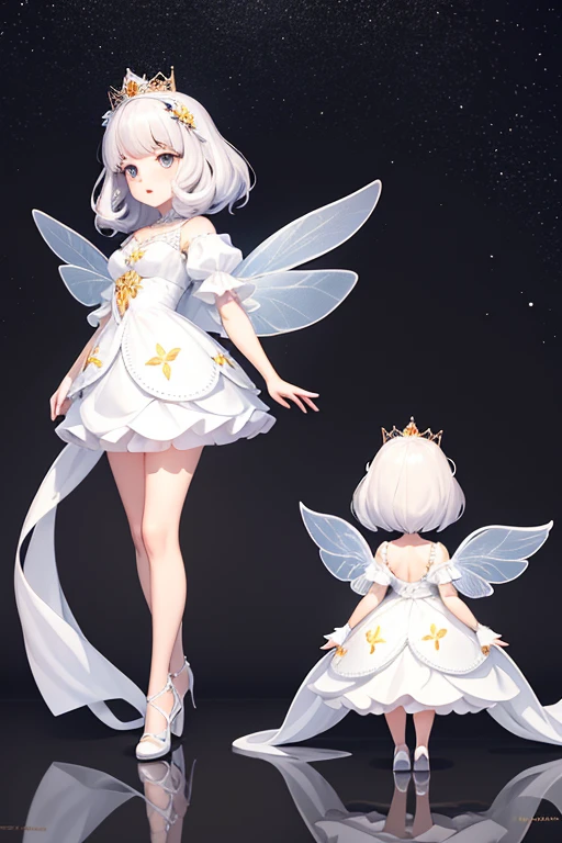 full body drawing reference, Pixar style, cartoon proportions, beautiful princess wears white fairy floral dress, white sparkling wings,chubby skinny, honey eyes,black fluffy wavy hair with bangs , small red mouth , front view, side view, back view