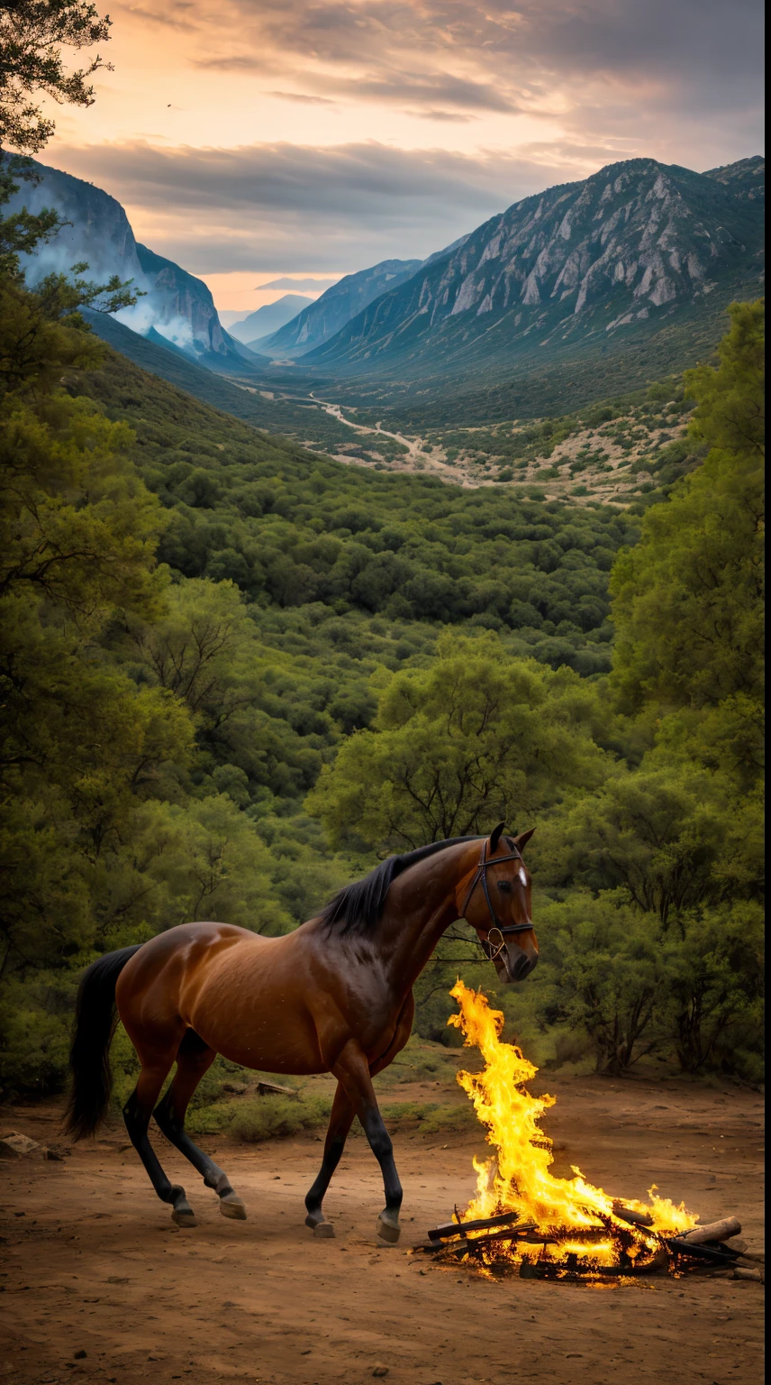 Beautiful and stunning landscape, highly detailed, breathtaking, inspired by the style of Ken Duncan well known as the pioneer of landscape, in making use of dodging and burning to edit a landscape image, horse in frame, 16k , high resolution