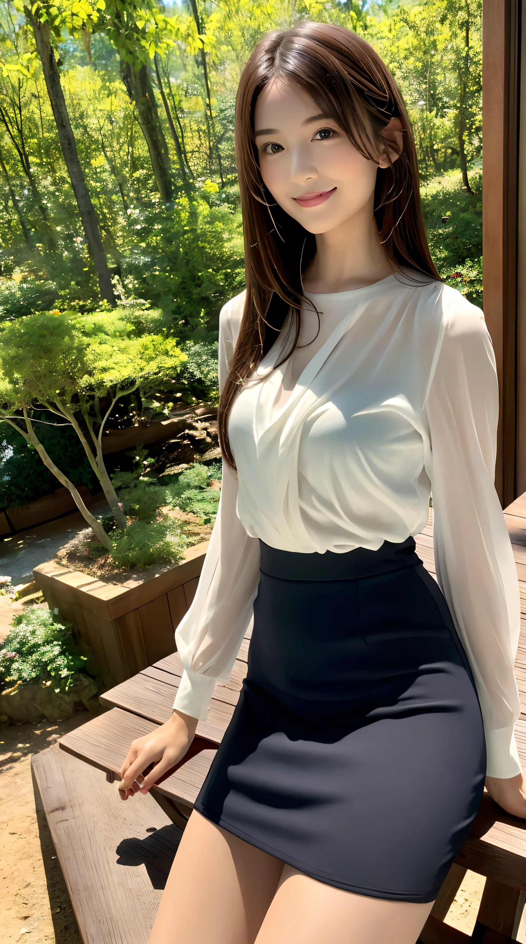 (Best Quality, masutepiece, Ultra HD: 1.3, High brightness, High color saturation), 1girl in, (middlebreasts), light brown hair, Asymmetrical hair, straight haired, Long hair, ( slender body shape, Constricted waist), (Ultra Fine Face), Delicate lips, (beautidful eyes), thin blush, eyes are brown, perfect glossy skin, View here, Smiling smile, ( hide one's hands), (Sitting on a bench), (thin and long legs, Thighs and toes:1.5), See-through white blouse, Tight skirt, (White pumps), (a japanese girl, hposing Gravure Idol), Broad-leaved forest, 135 mm, Fuji Film
