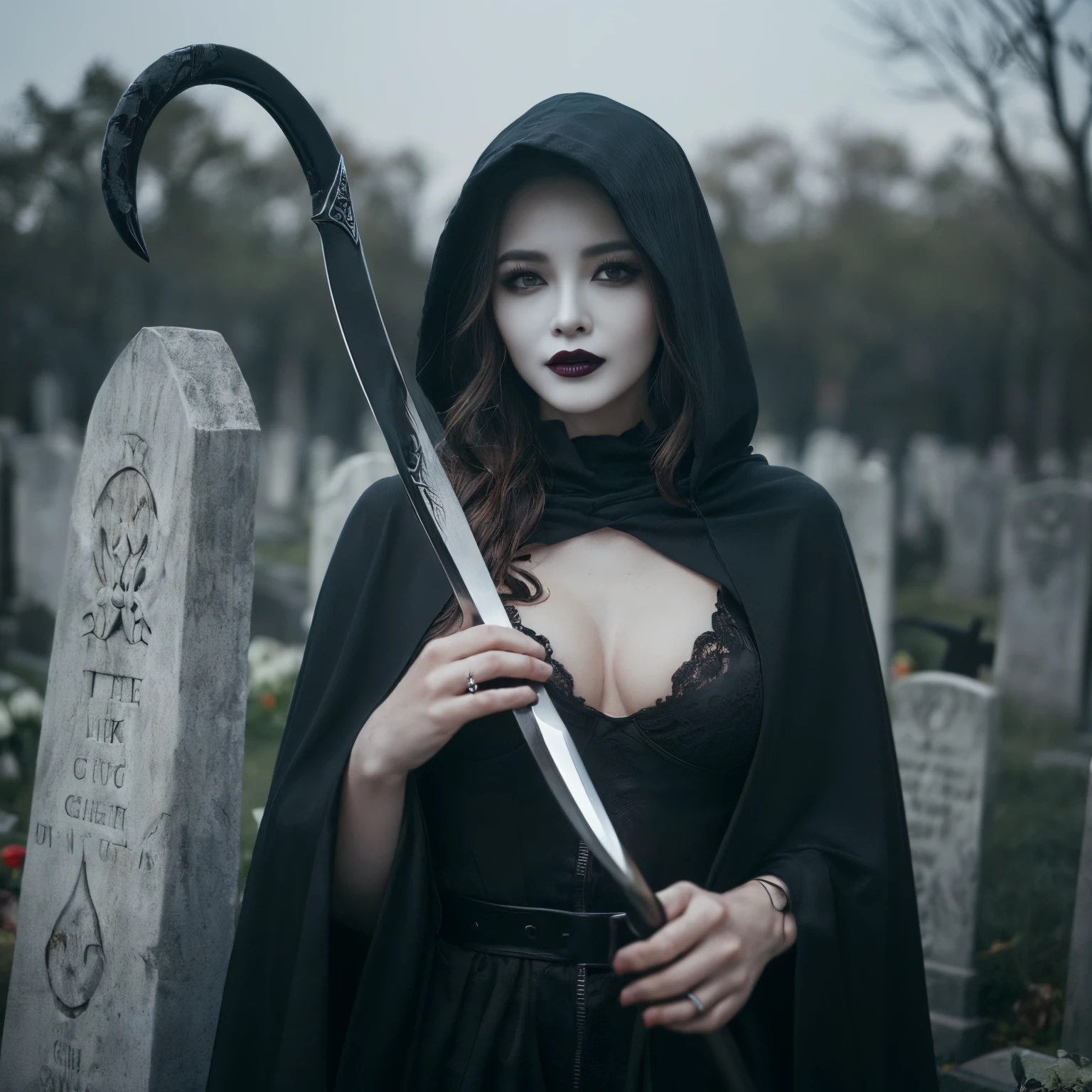 ((top-quality、masutepiece、8K、Top image quality、Very complex and detailed details))、((One Grim Reaper、one female grim reaper、beautiful Shinigami、evil and creepy、the most terrifying god of death、has a very large sickle、giant shinigami scythe、perfect sickle、huge scythe、The background is a cemetery、Tomb Background、standing in the graveyard、Huge blade、Scary and realistic sickle、Wearing a long black cloak、Black cloak、Wearing a hood、all black outfit、Black hood、Black lips、eyeshadows))、canny、the reaper as a scary、long、large full breasts、Perfect gas chamber、macabre smile、Take a photo above from your lap、Perfect gas chamber