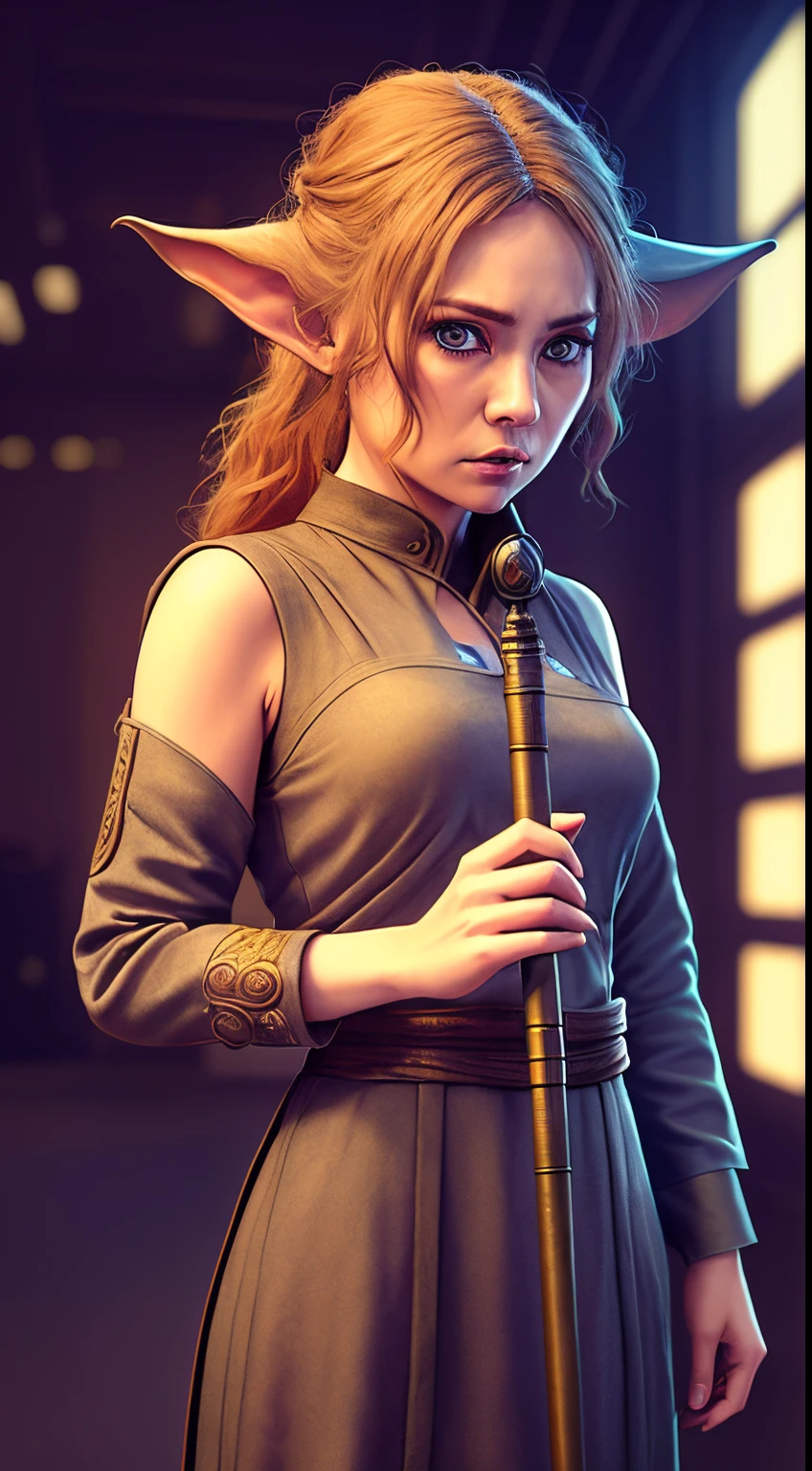 4k, a low Female Mistress Yoda with a cane, eye contact, focus, background indoors, precisionism,, ((((cinematic look)))), soothing tones, insane details, intricate details, hyperdetailed, low contrast, soft cinematic light, dim colors, exposure blend, hdr, faded, slate gray atmosphere