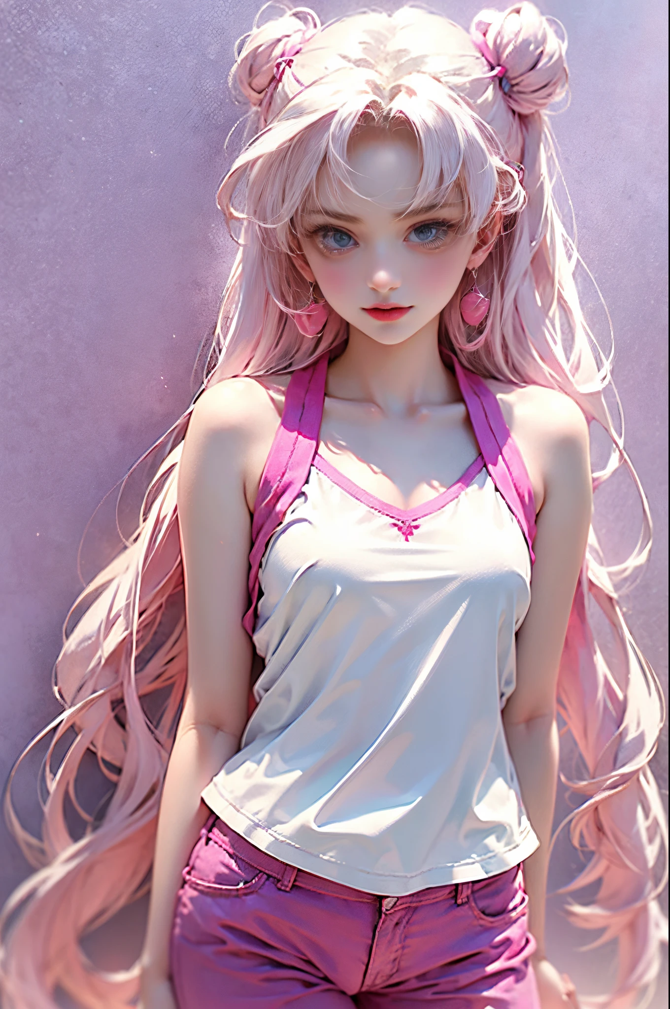 purple and pink color scheme，Sexy Girl ，tiny body，white curly hair,　Colorful colored camisole,
standing,