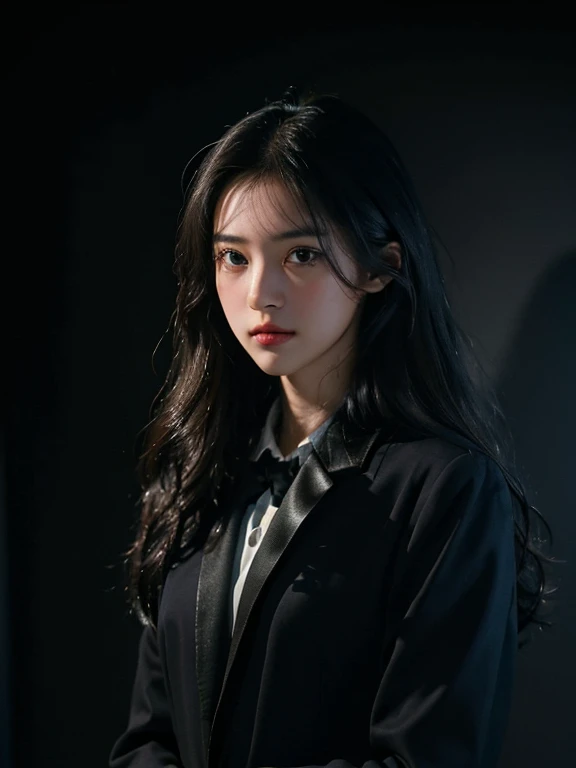 1girll, 175 cm.,Korean K-Pop Idols and Models ,Age 23 years,Soft body, Jet Black Hair, Wavy Hair,Whole body, The fur is long to the waist., Whole body,((Head to leg)),close up shot, 10, RAW photo, bestquality, masterpiece,Realistic, photo-realistic,kawaii(Front Focus), (In the dark:1.6), Surrealistic female portraits by David Hockney and Alphonse Mucha, Fantasy Art, photo-realistic, Dynamic lighting, art station, Posters for, Voluminetric Light, very detailed face, 4 km, Awards & Awards, 1girll, In the dark, Deep Shadow, Low adjustment, cowboy shot, (formal wear:1.4), long-haired