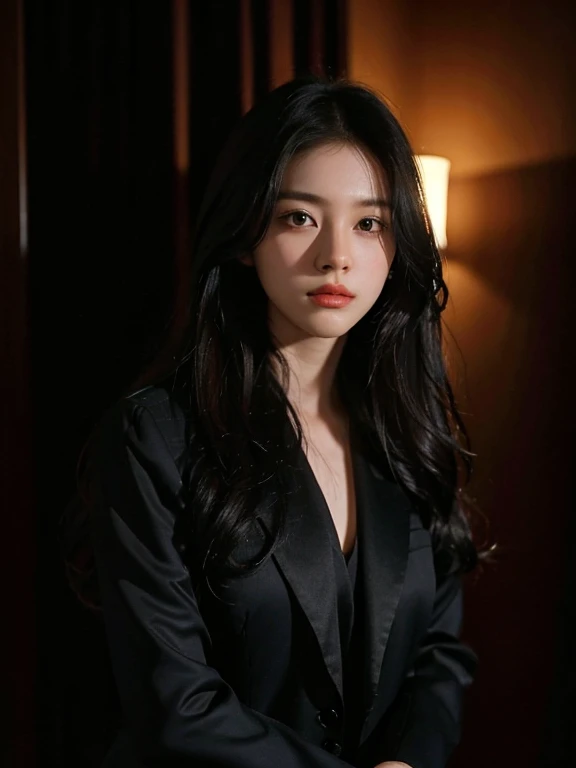 1girll, 175 cm.,Korean K-Pop Idols and Models ,Age 23 years,Soft body, Jet Black Hair, Wavy Hair,Whole body, The fur is long to the waist., Whole body,((Head to leg)),close up shot, 10, RAW photo, bestquality, masterpiece,Realistic, photo-realistic,kawaii(Front Focus), (In the dark:1.6), Surrealistic female portraits by David Hockney and Alphonse Mucha, Fantasy Art, photo-realistic, Dynamic lighting, art station, Posters for, Voluminetric Light, very detailed face, 4 km, Awards & Awards, 1girll, In the dark, Deep Shadow, Low adjustment, cowboy shot, (formal wear:1.4), long-haired