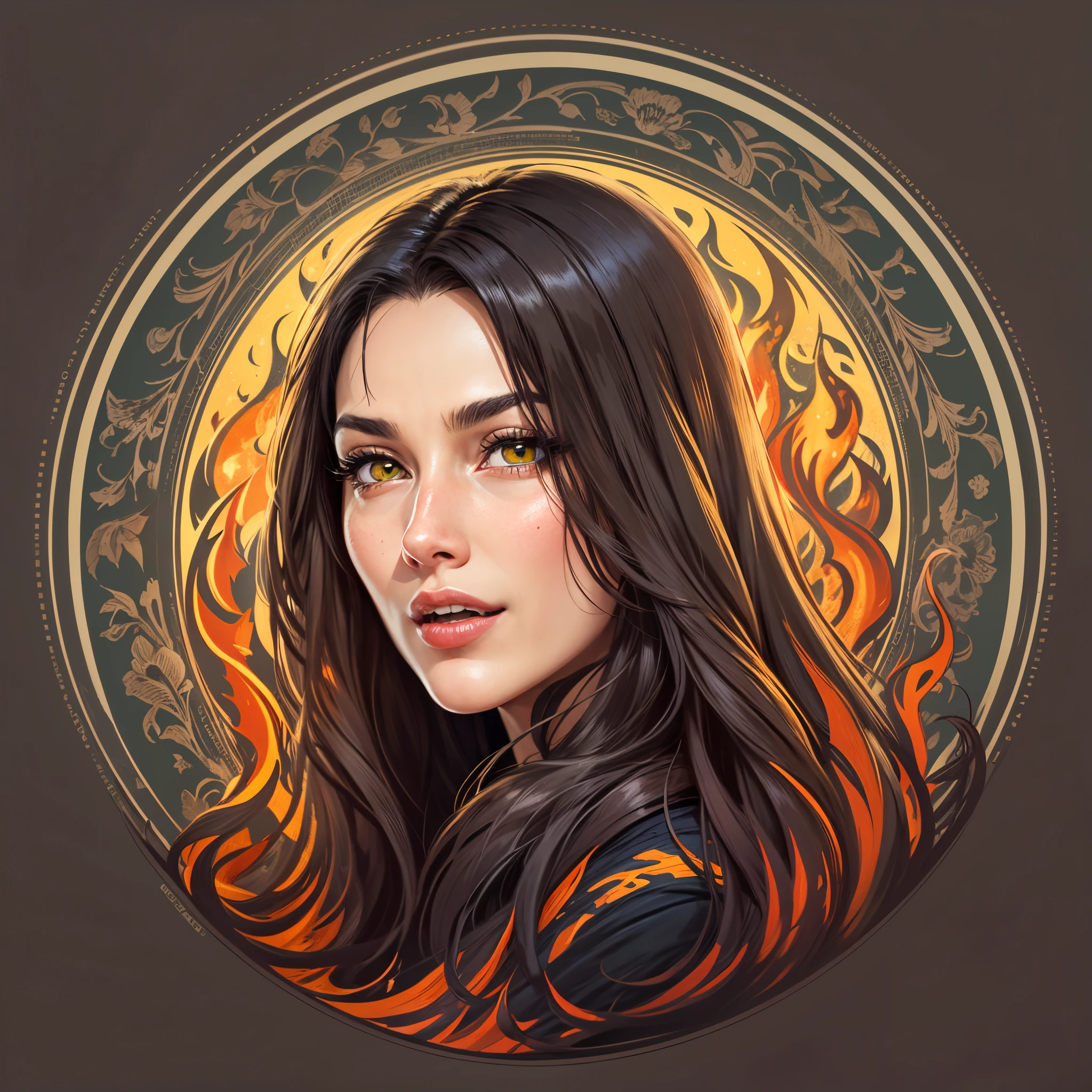 (Sticker),whitebackground,((in a circle)), Adult woman, Monica Bellucci's Face, long straight hair, Long brown hair , green-yellow eyes, ssmile, mole under the left eye, (Black Dress:1.3). Red flame outline, flame, Ultra Detailed, Detailed drawing, Vectorized, 8K, Professional sticker design, Flat design, Vector lines, Sticker, Full-HD.