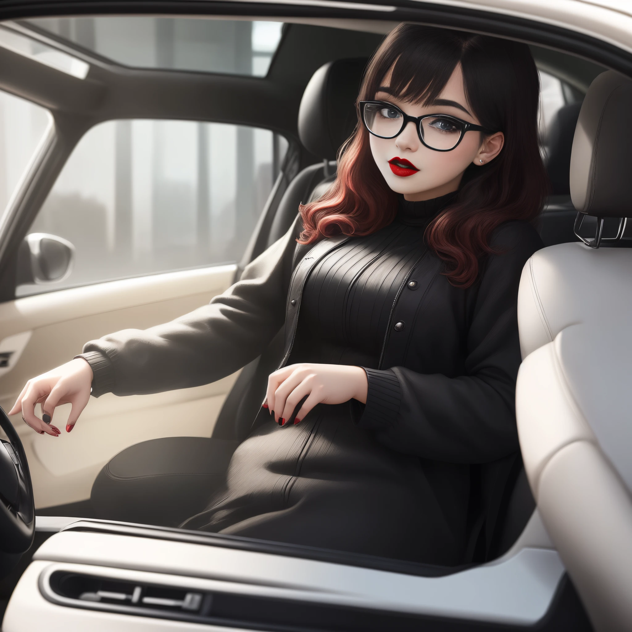 A girl in black glasses with red lipstick drives a black car