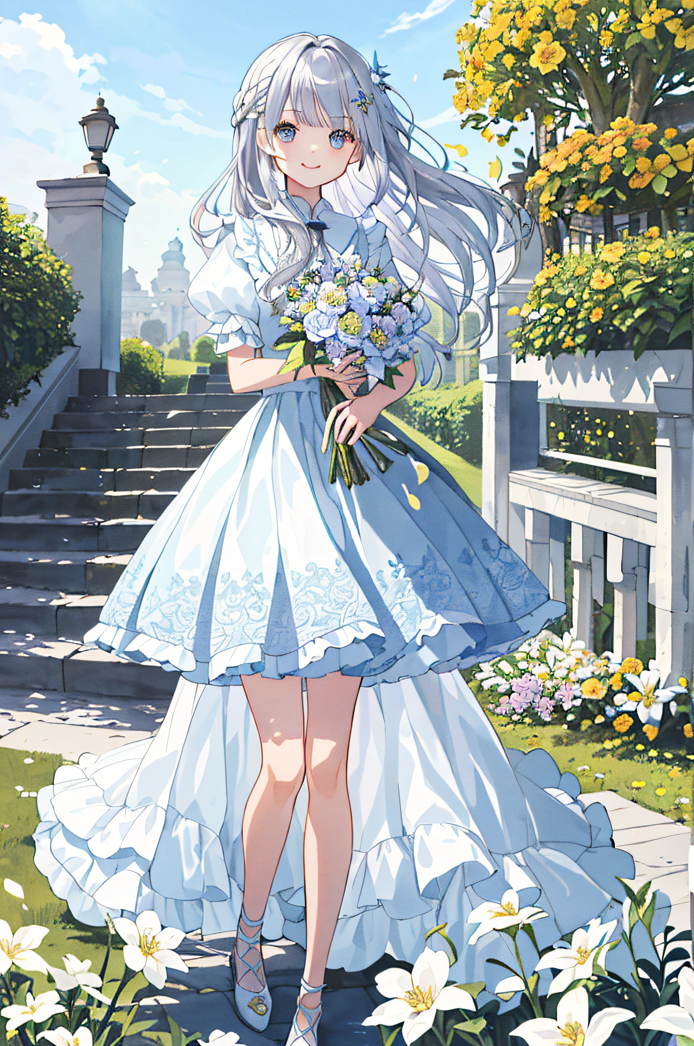 (obra prima、qualidade superior、illustratio、extremely high quality、High-level image quality、Extremely sensitive writing)Girl with long silver hair standing in cute flowering garden、um leve sorriso、She has a big bouquet、Vestido bonito estilo traje nacional com babados nos ombros、hair fluttering in the wind