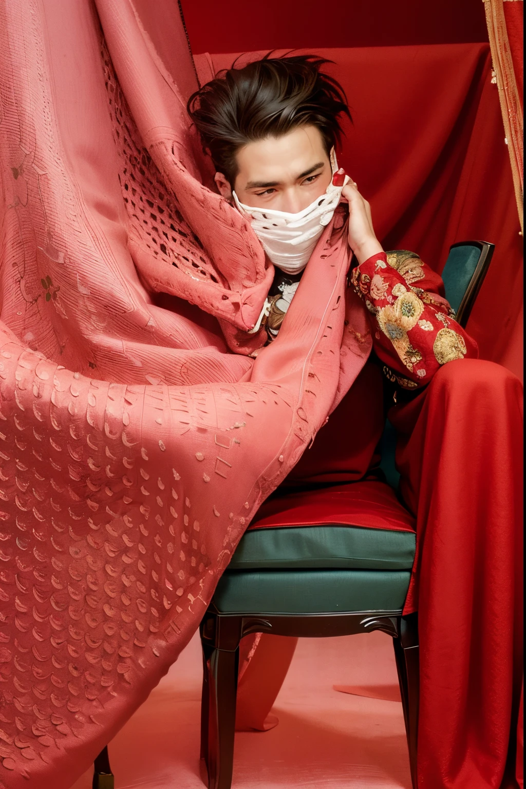 there is a man sitting on a chair with a pink blanket, candid picture, very very low quality picture, red cloth around his shoulders, fully covered in drapes, with a covered face, cloak covering face, edited, * colour splash *, very artistic pose, with beautiful colors, photoshoot, covered with blanket, high quality upload, captured on canon eos r 6