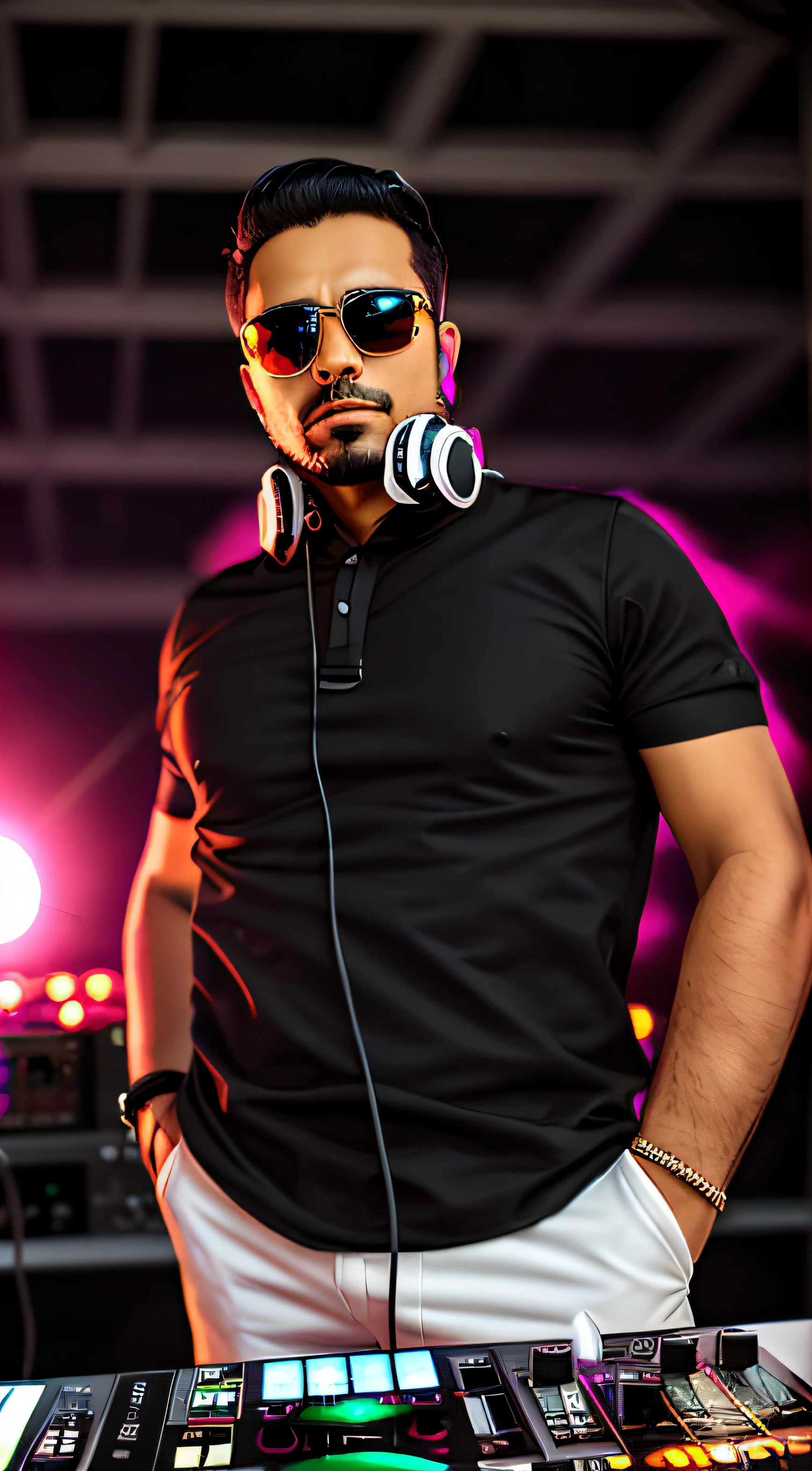 edgy man in a black shirt and sunglasses next to a DJ mixer, DJ, DJ Sura, com fones de ouvido, marco bucci, DJ em uma festa, George Doutsiopoulos, Retrato de Lucha Libre DJ, taken in the early 2020s, victor maristane, Emad Mostaque, Jamel Shabbaz, Farid Ghanbari