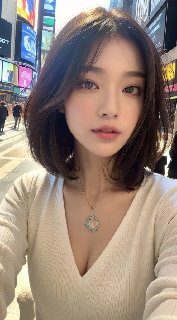 ((bestquality, 10, masterpiece :1.3)), beautiful woman with a perfect figure :1.4, Layered Haircut, breasts, Put on the pendant., White shirt with long sleeves, Times Square, New York, Highly detailed face and skin texture, detailed eyes, 二重まぶた