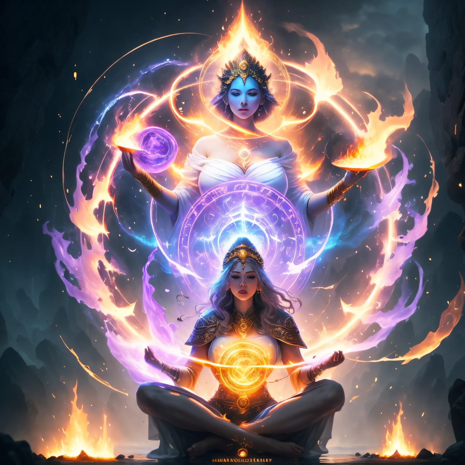 Immortal goddess, super beautiful, 8k, super big breasts, meditating, light white cloth covering part of her body, sitting cross-legged, golden glowing magic circle rotating behind her, magical aura surrounding her parts, magical, fantasy, milky way background, (4  elements, fire, water, wind, earth, surround it),