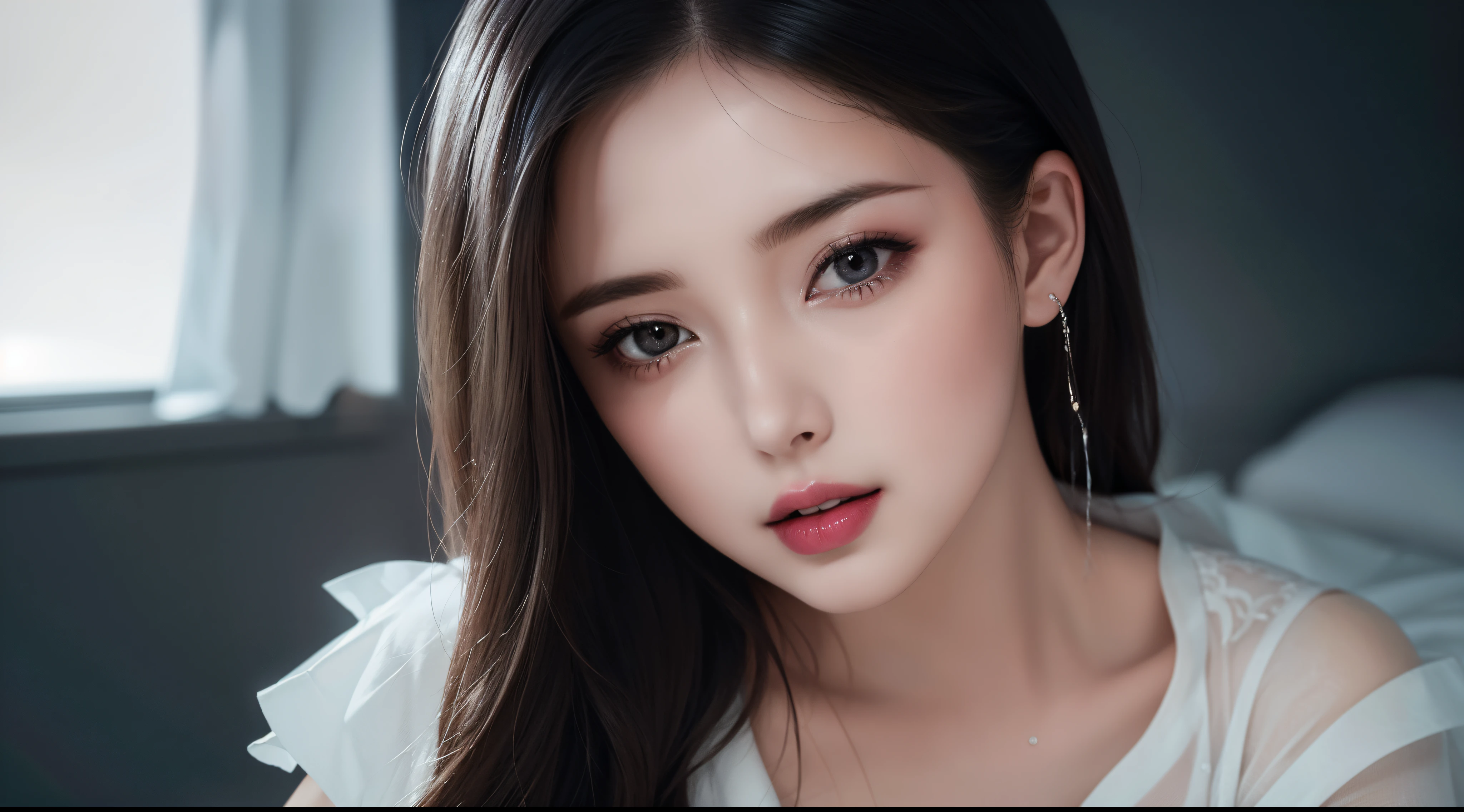 High-quality work，Realistic works，Super premium graphics，8K HD CG works，high quality graphics，High-definition and exquisite CG works，10x pixels，Ultra-fine details：1.1，Advanced technical details：1.1Realistic photo effects，Interior lighting effects：1.5，natural soft light：1.5. Light effect（Virtual light effects：1.8），Ultra-high resolution，shining dress，sliver long hair，silber hair，transparenthair，high detailed hair（Quality hair details：1.1）Clear eyes，Double eyelids look good，Sharp eye makeup, Create exquisite eyelash makeup, tthin eyebrows, Ultra-detailed eyes，a tall nose, lovely red lips, rosey cheeks, With delicate makeup on her face , pretty face, The face shape is perfectly proportioned,（Advanced facial details：1.1）(bionde),((((A face waiting for a kiss)),((Approaching kissing face))),((Urgent kissing face)))、Focus on the face、White、Eye color random ，Women's artwork，Dress full body video，Reality，Amazing Cleavage，My eyes are very bright today
