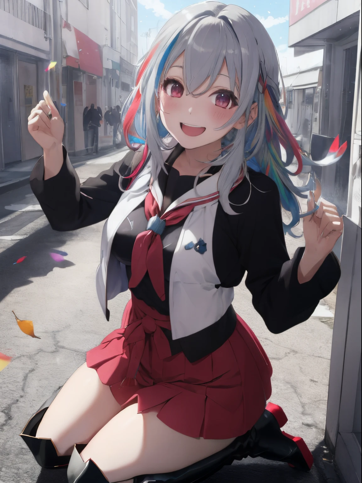 A sparkling sky with reflected light,Colorful confetti,Enliven the festive mood with Kusudama and Hanafubuki,fluffy hair,rainbow-colored hair,white and gray and black and red,Happy with a big smile,rejoice exaggeratedly,Autumn clothes,long-sleeve,long boots,Slightly red tide,Clothes that show only a little of the chest