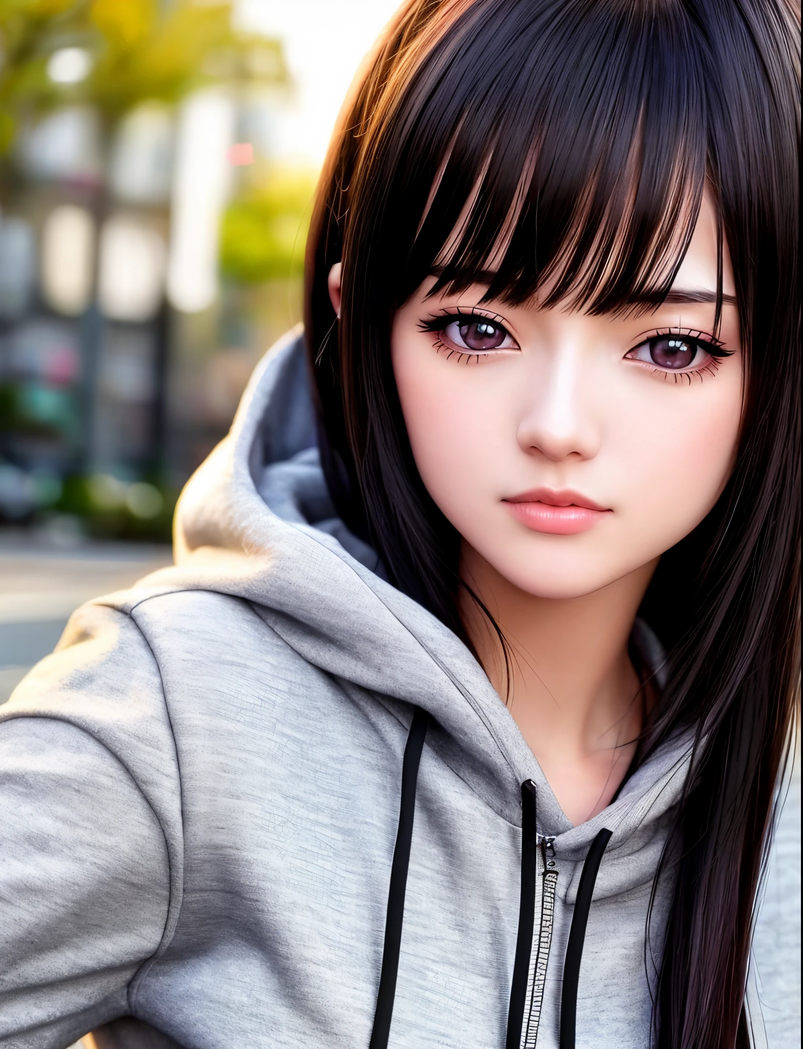 a close up of a white female girl with black hair bangs, honey brownish thin almond eyes wearing a hoodie with a hand on their chin, black haired girl wearing hoodie, realistic anime 3 d style, semirealistic anime style, photorealistic anime, 3 d anime realistic, artwork in the style of guweiz, anime realism style, realistic anime artstyle, semi realistic anime, photorealistic anime girl render, anime styled 3d