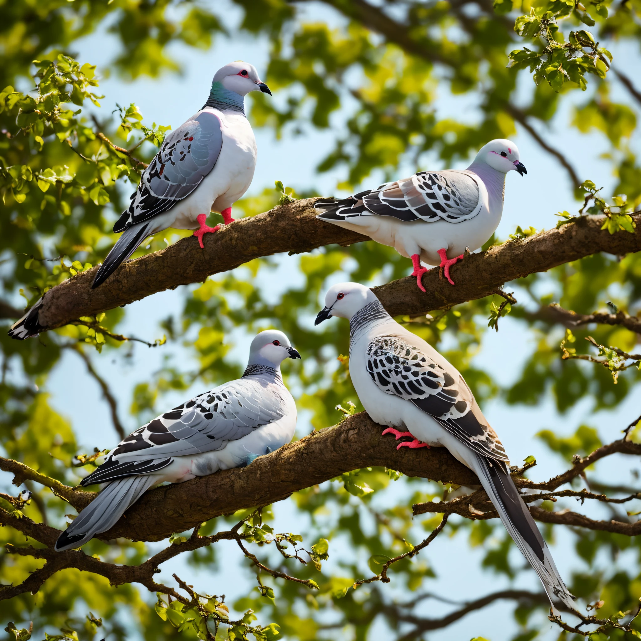Create a vivid description of a serene scene featuring a couple of pigeons, with the female pigeon being white and the male pigeon displaying natural colors, as they rest together on a sturdy tree branch.