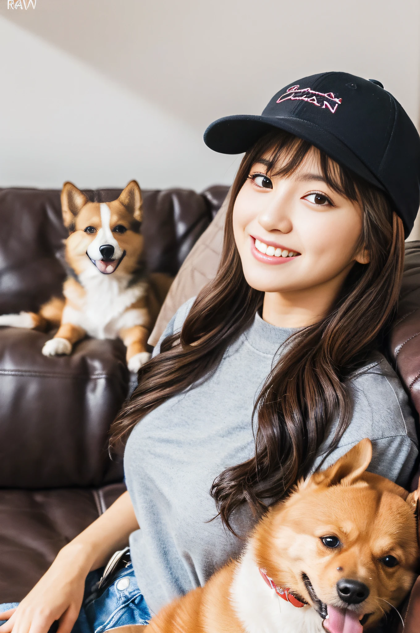 A 20 year old beautiful japanese women sitting on a sofa with a dog on his lap, with his hyperactive little dog, Corgis, Sitting on the sofa, showing his paws to viewer, japanese tv show, sitting in the couch, with dogs, sitting in the couch,smile,(photorealistic:1.4), best quality,( raw 8k photo:1.4), (extremely detailed japanese beautiful girl), (extremely detailed eyes:1.1), (cute face:1.2), ultra-detailed, ultra high res, amazing,baseball cap,(gutspose:1.2),Big Smile,