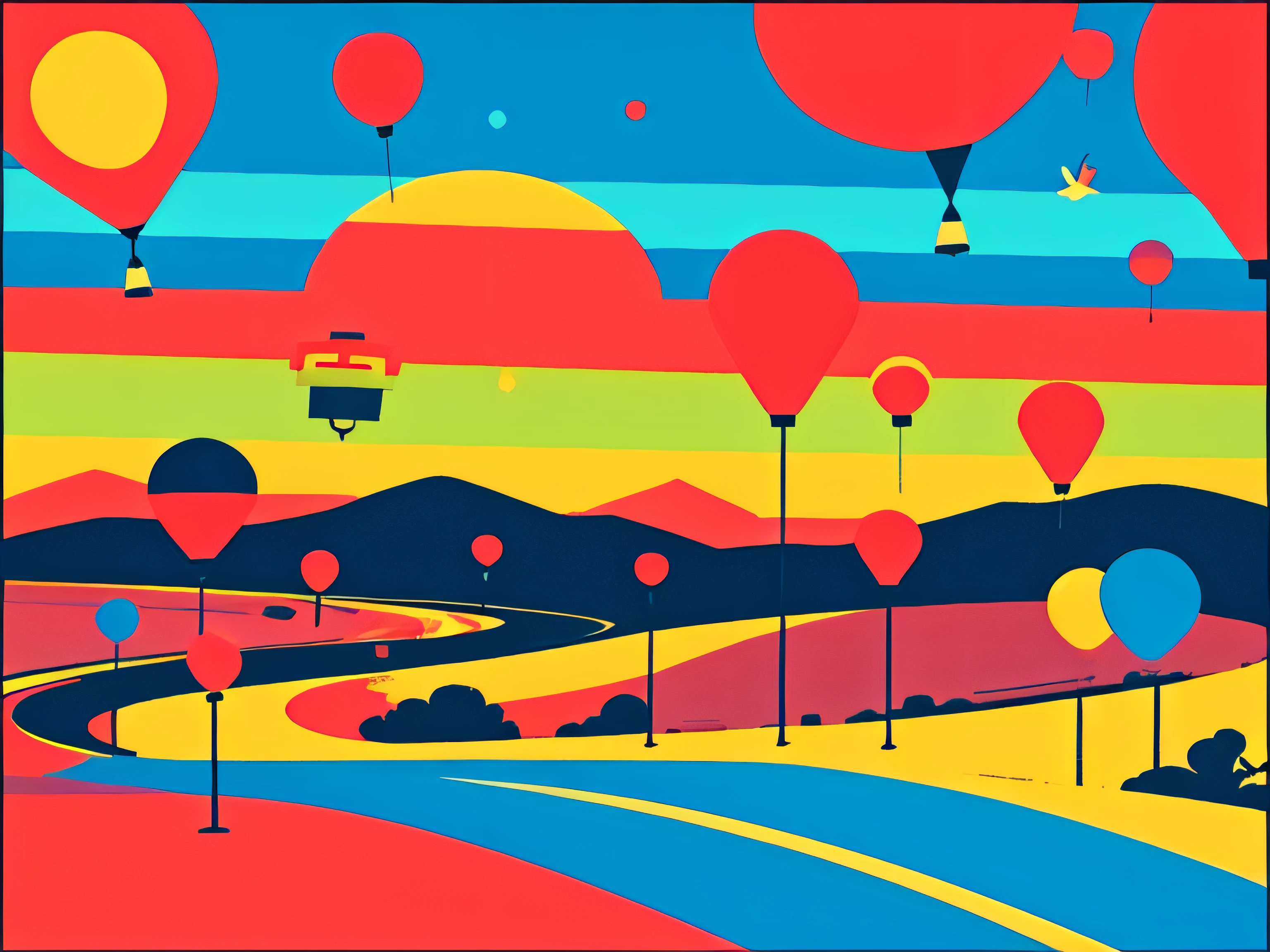 pop art style solid colors desert landscape evening lighting looney tunes background art fritz freeling solid lines and single pop of color surreal Chinese lantern strings over a road