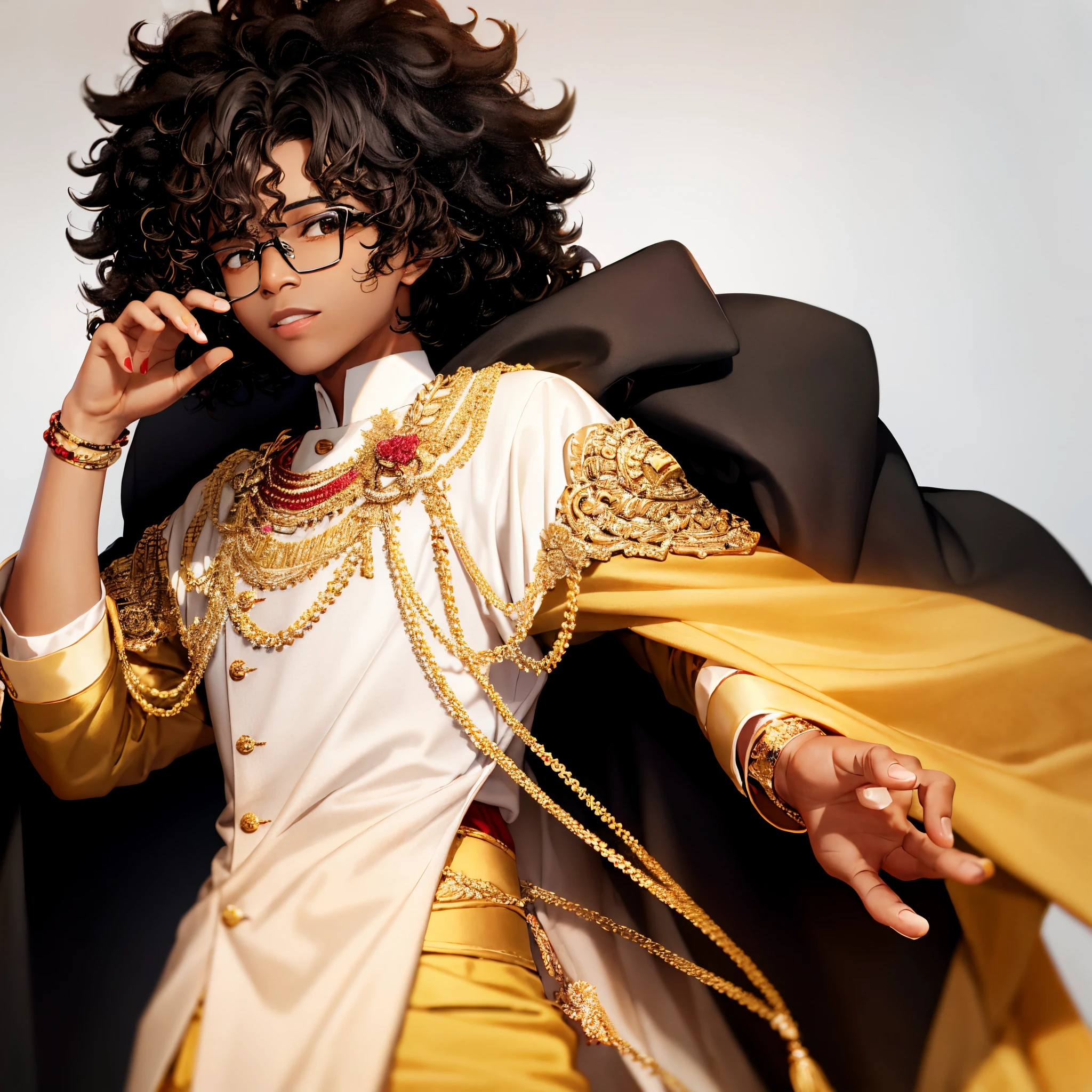 Create a black man with curly hair wearing glasses and ivory red and gold clothes with HQ style