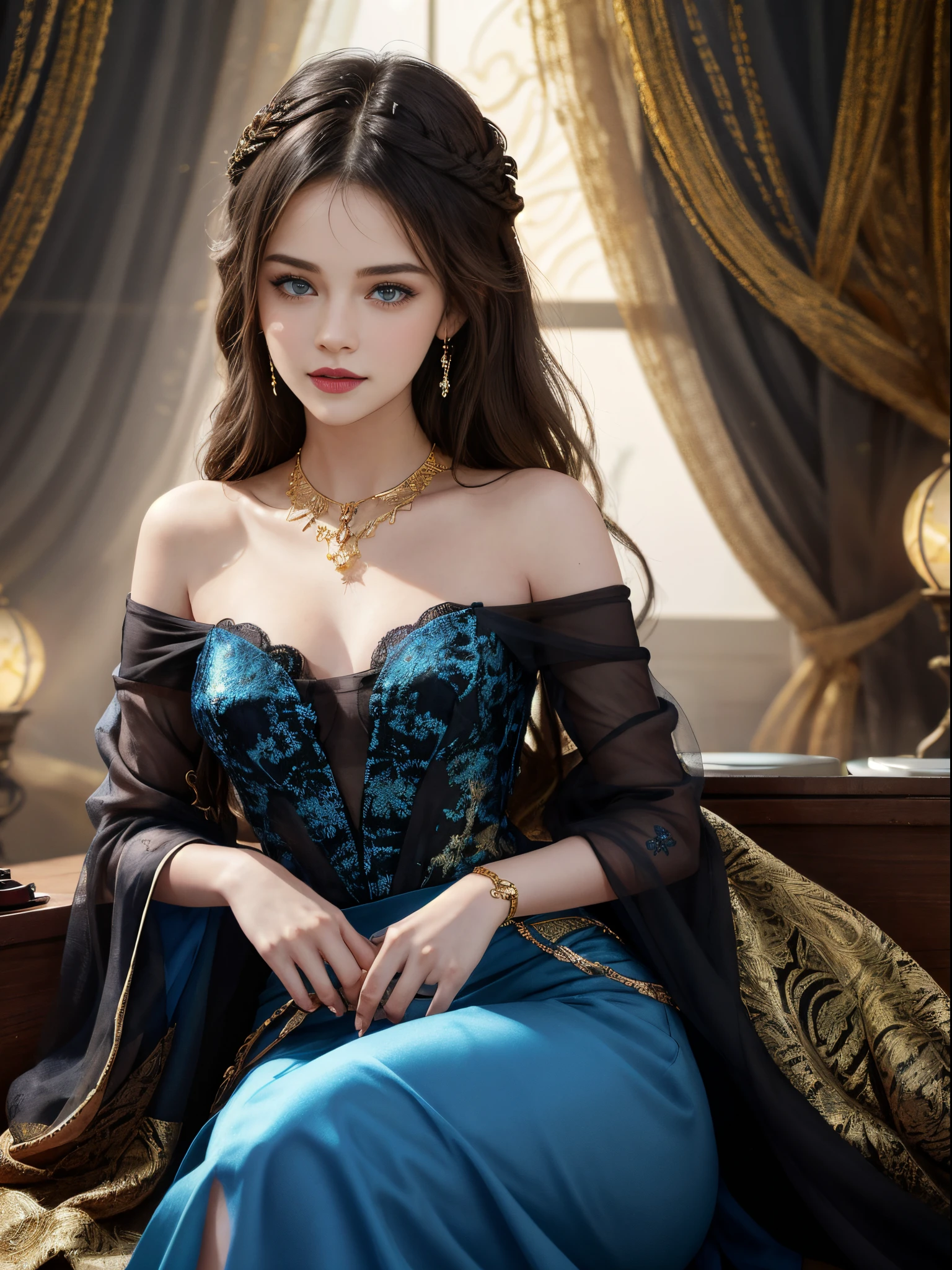 (( huge smiling:0.5)) realistic, photorealistic, masterpiece, best quality, a girl ((Selena Gomez:Emma Watson:0.8)) looking at viewer, happy, long hair, beautifully lips, broad hips, blue eyes ,broad shoulder, indian lahanga, blue lahanga, spreading lahanga, black lace transparent, gold plating, jewellery, DJ lights, sitting, whole body capture,