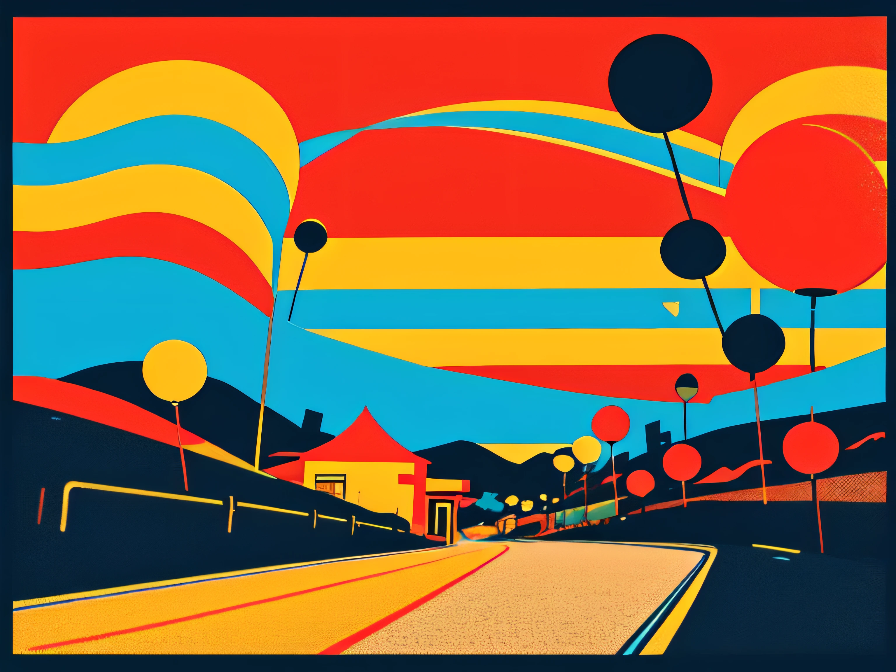 pop art style solid colors desert landscape evening lighting looney tunes background art fritz freeling with solid lines and single pop of color Chinese lantern strings over a road