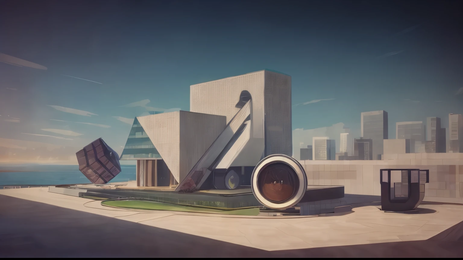 there is a drawing of a building with a crane and a glass of water, brutalist illustration, impossible stijl architecture, depicted as a 3 d render, concept illustration, concept drawing, complex 3 d render, complex 3d render, monochrome 3 d model, in style of 3d render, commercial illustration, low poly outlines, detailed 2d illustration, sunset, greenery, surrounded by nature