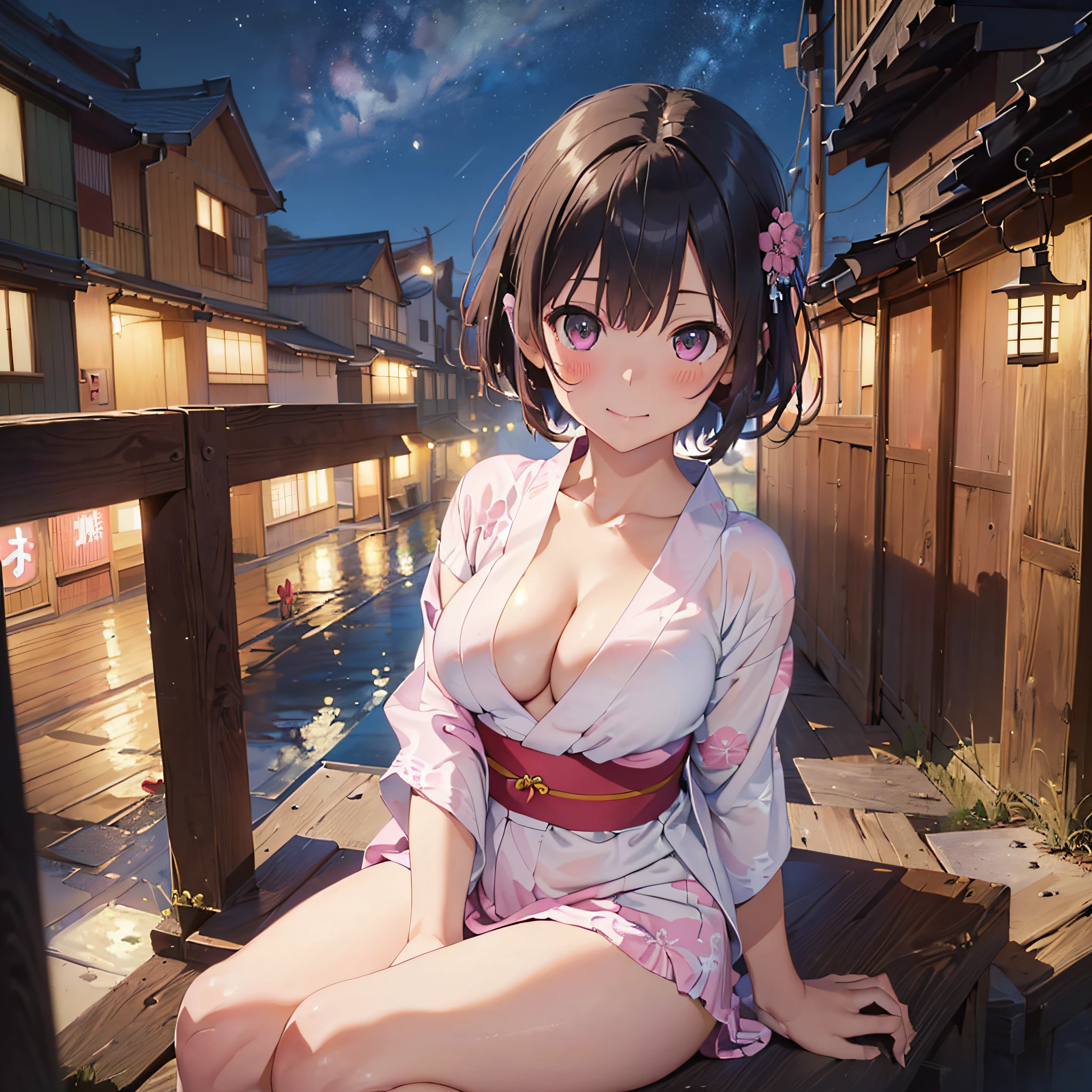 (masterpiece:2.0), (top-quality:2.0), (sitting naked:1.5), (extremely mini skirt extremely small pink yukata:1.5), (super thin fabric:1.5), (sexypose:1.5), (blushed face:1.3), (barechested:1.3), (realistic:1.5), 1 , precise hands, Embarrassed look, light smile, Look at me and smile, extremely cute girl, innocent face, young face, Clear eyes, Shining eyes, small breast, (cleavage of the breast is visible:1.5), (the thighs is visible:1.5), The crotch is visible, No pubic hair, full body, The beautiful skin, ultra-definition, Top resolution, japan high school student, brown hair, at the night festival