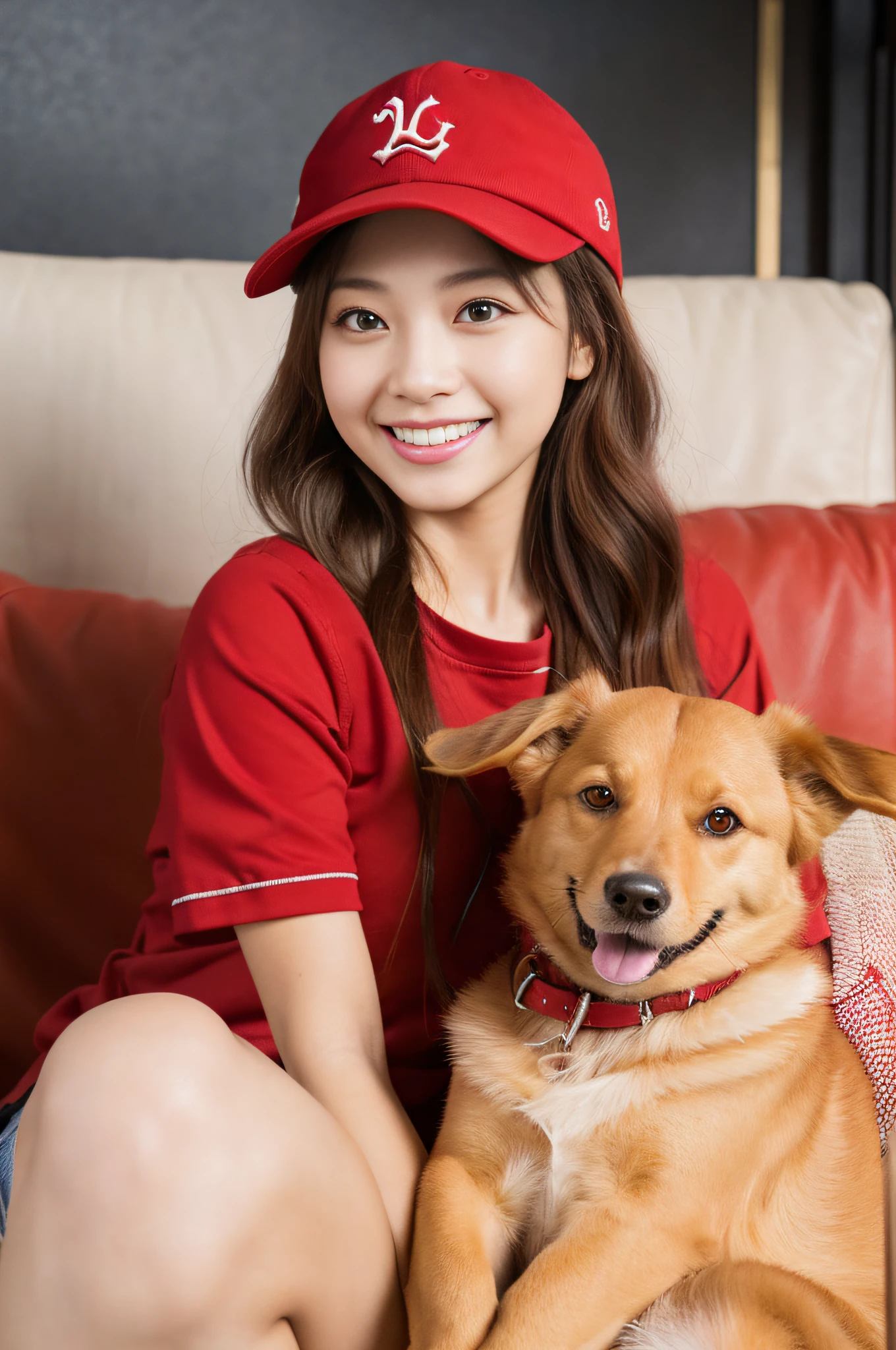 A 20 year old beautiful japanese women sitting on a sofa with a dog on his lap, with his hyperactive little dog, Corgis, Sitting on the sofa, showing his paws to viewer, japanese tv show, sitting in the couch, with dogs, sitting in the couch,smile,(photorealistic:1.4), best quality,( raw 8k photo:1.4), (extremely detailed japanese beautiful girl), (extremely detailed eyes:1.1), (cute face:1.2), ultra-detailed, ultra high res, amazing,(Red baseball cap:1.4),(gutspose:1.2),Big Smile,
