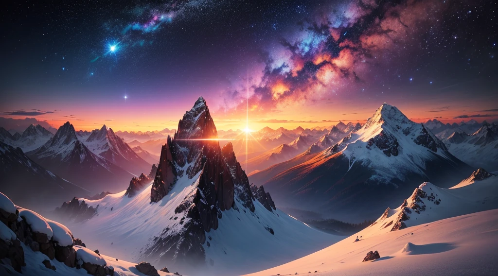 The mountains with a sunset and a galaxy.