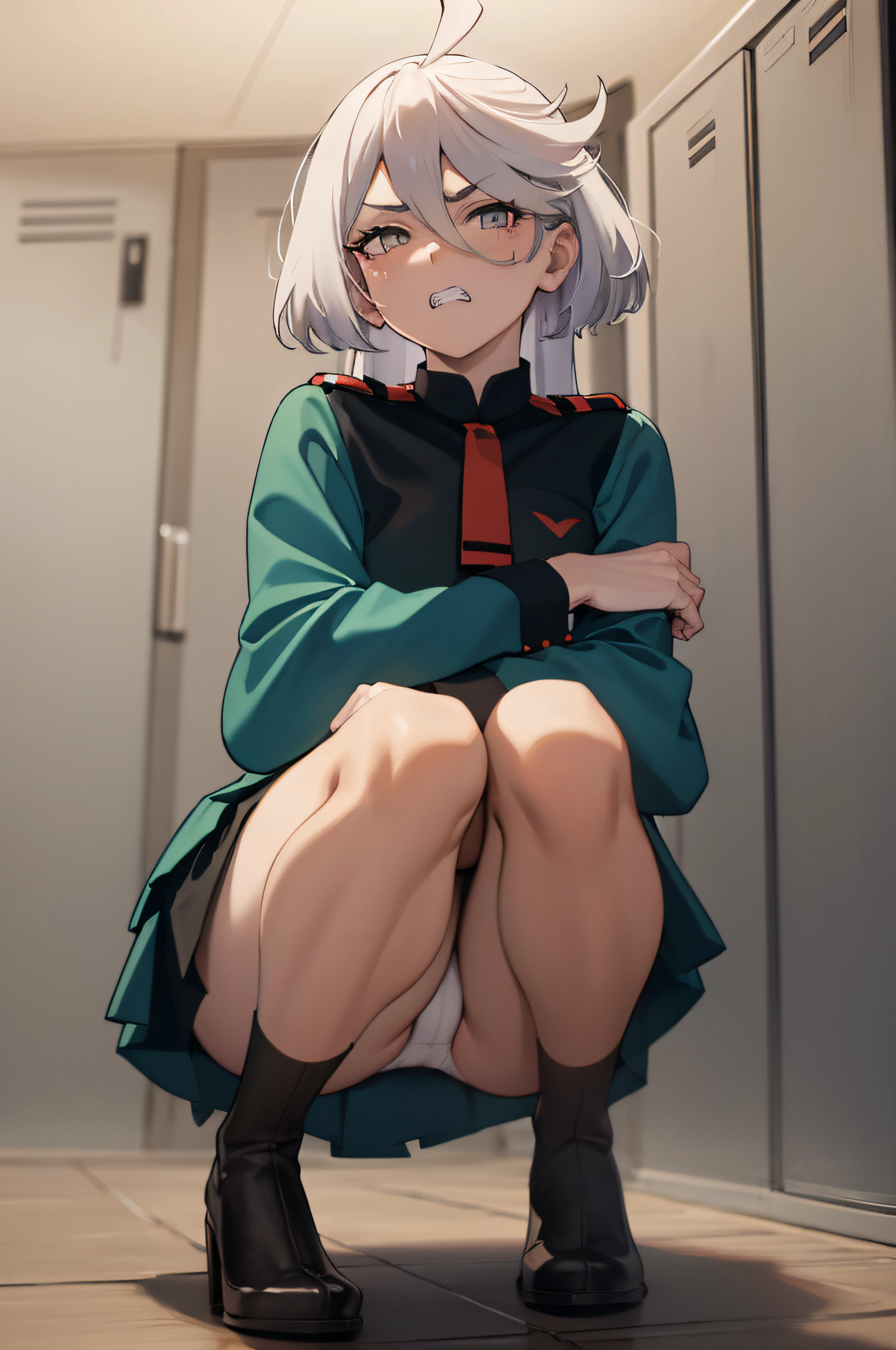 looking at viewer,squatting,focus on panties,angry,{{{disgust:1.5}}},{shaded face},{{{clenched teeth:1.1}}},show off panties,{shaded face},{{{lace pantied}}}　,miorine rembran,long hair, {{{pleats skirt}}},defmiorine, green jacket, red necktie, green skirt, 
,Squat,looking down at viewer,Squatting,looking down at viewer,((masutepiece,hight resolution)),((masutepiece,hight resolution)), masutepiece, Best Quality, , absurderes, Perfect Skin, Detailed skin texture, ultra-detailliert, 8K, Intricate details, beautifull detailed face,hight resolution, 1girl in ,Looking down,looking down at viewer,masutepiece, Best Quality, Insanely detailed, absurderes, Perfect Skin, Detailed skin texture, ultra-detailliert, 8K, Intricate details, beautifull detailed face,NSFW,NSFW,,low angle shot,Front view,,Uncensored,{shaded face},indoors,locker room