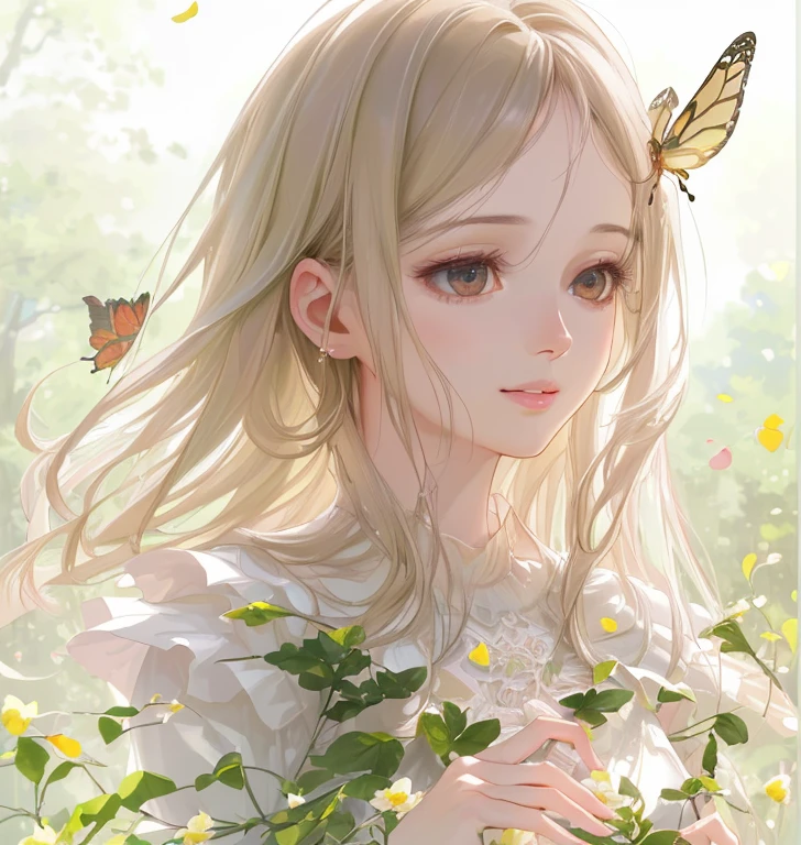 (best quality,4k,8k,highres,masterpiece:1.2),ultra-detailed,(realistic,photorealistic,photo-realistic:1.37),portrait,painting,soft lighting,beautiful detailed eyes,beautiful detailed lips,longeyelashes,gentle smile,warm color palette,garden,flowers,butterflies,flowing hair,peaceful atmosphere,vivid colors,delicate brushwork,subtle textures,natural light,majestic trees,lush vegetation,sunshine filtering through trees,serene expression,harmonious composition,dainty dress,touch of elegance,graceful pose,dewdrops on petals