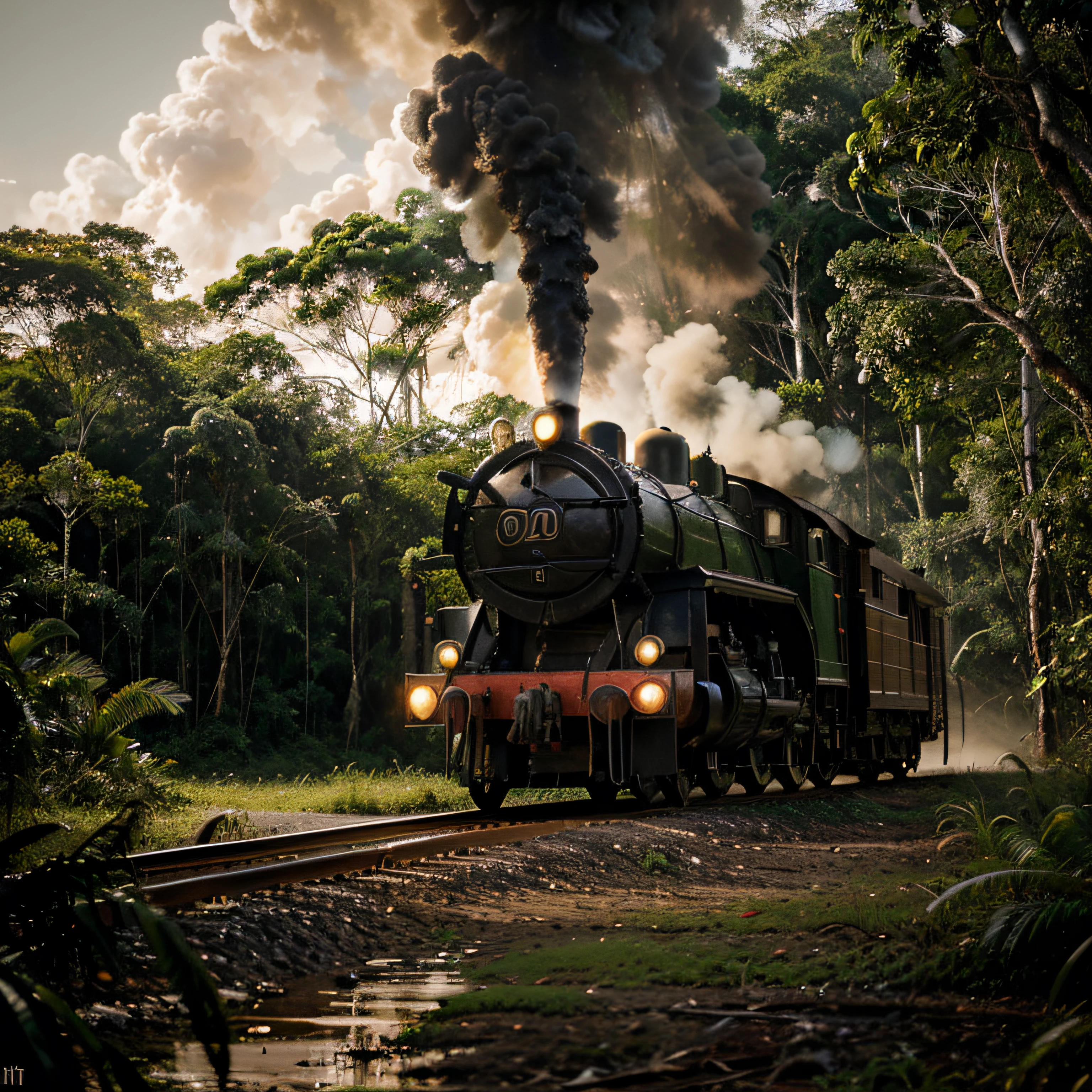 Foto RAW, A portrait of a steam locomotive in the middle of the Amazon jungle in Brazil in 1915, iluminando tudo ao redor, Dangerous forest background with indians and jaguars, alta qualidade, filmic grain, Fujifilm XT3.