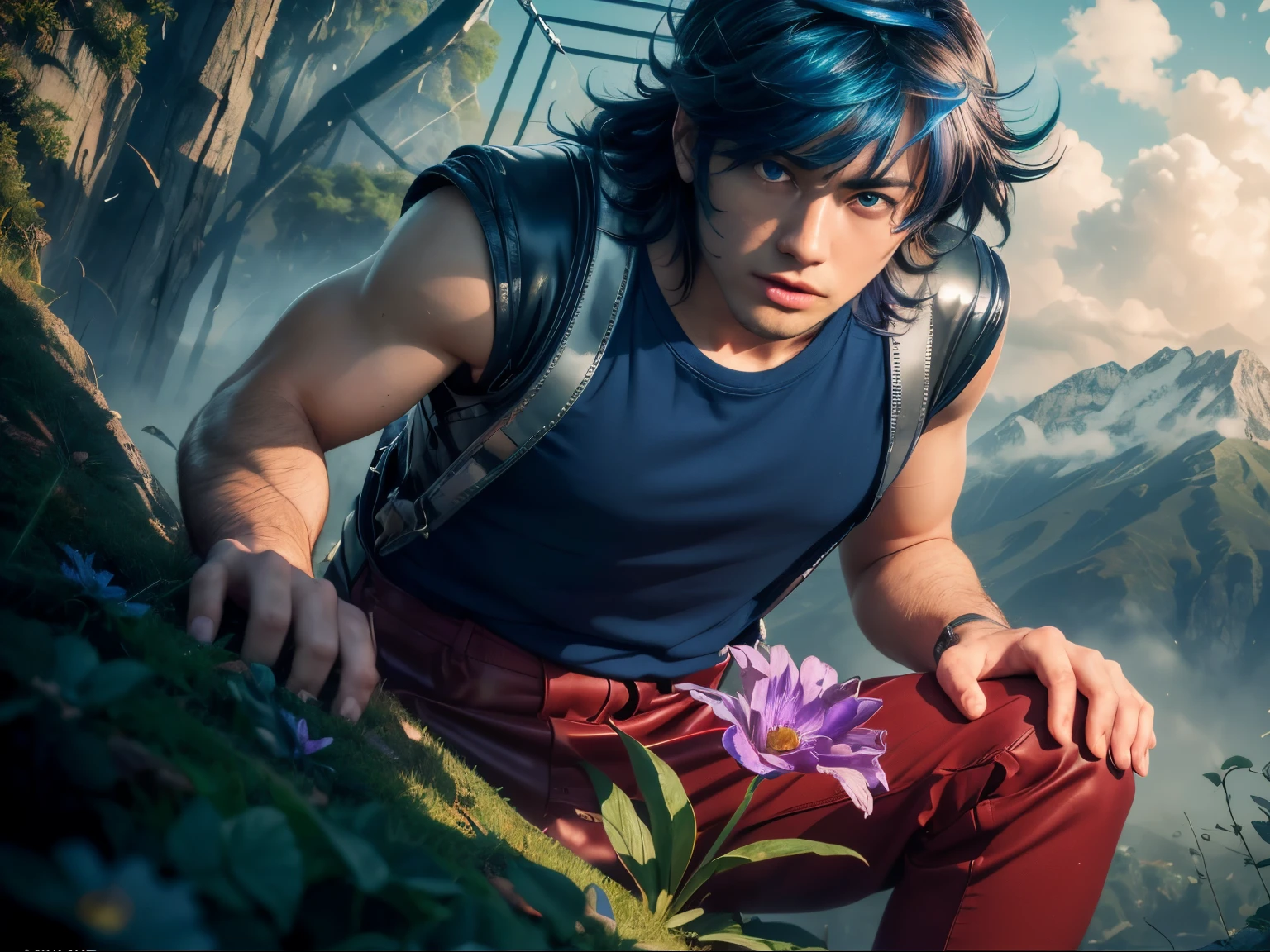 (masterpiece), (realistic), close up, (male) of 20 years old, Japanese (1boy), solo, slightly low view, in one knee, ((handsome man), ((strong face)), ((surprised face)), ((pretty big blue eyes)), ((perfect blue eyes)), short messy blue hair, ((bangs)), hair blowing in the air, (((beardless))), masculine blue t-shirt, red pants, leather straps, ((metallic Chrome box on his back)), looking a purple flower in the ground stem and green leaves), looking the flower, mountains surrounded by mists background, cinematic lighting.