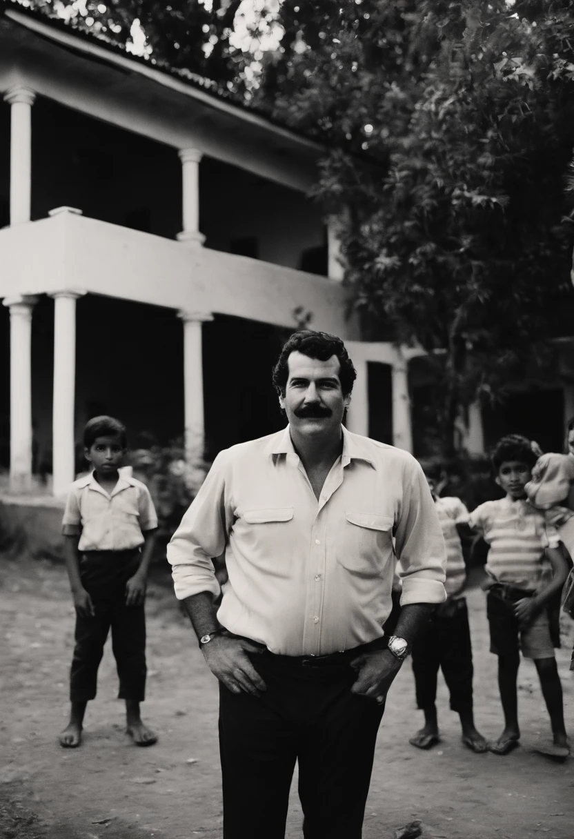 A photo of me at the local orphanage, surrounded by happy children,original,Pablo Escobar, the infamous Colombian drug lord and leader of the Medellín Cartel, was often recognized for his stout build and mustachioed face. He typically dressed in casual attire, favoring simple polo shirts and slacks, which contrasted sharply with his immense wealth and power. His dark, brooding eyes and stern expression often gave him an intimidating presence, a reflection of his formidable status as one of the world’s most notorious criminals.