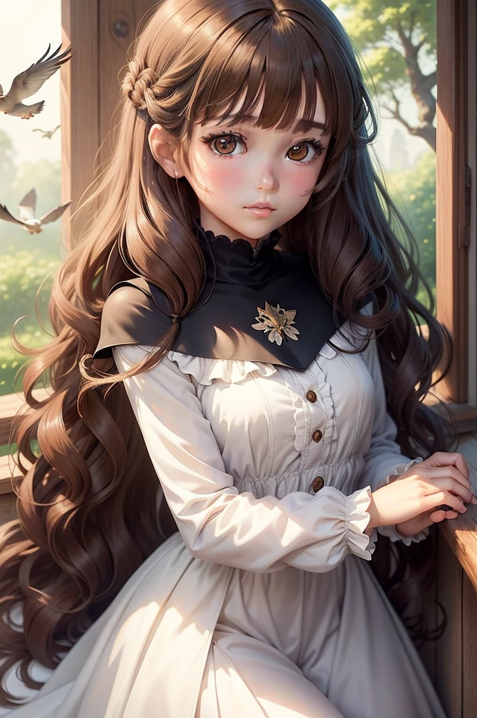 anime Make an illustration for a fairy tale about a girl, talking to animals and birds, honey brownish eyes, black fluffy wavy hair with bangs talking to white doves