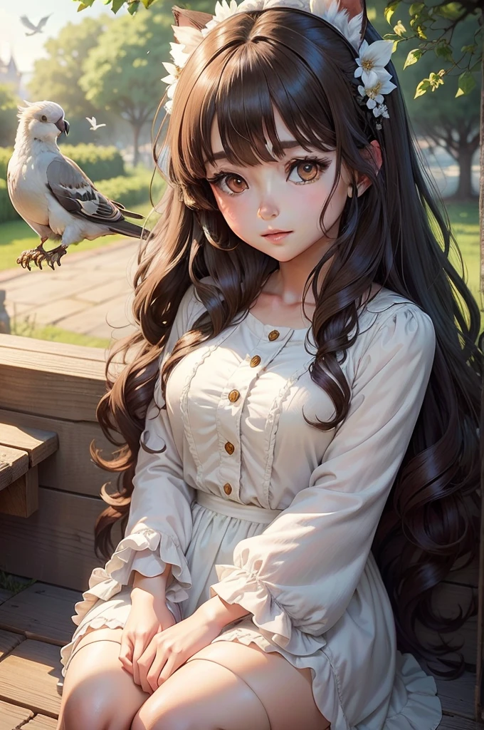 anime Make an illustration for a fairy tale about a girl, talking to animals and birds, honey brownish eyes, black fluffy wavy hair with bangs talking to white doves