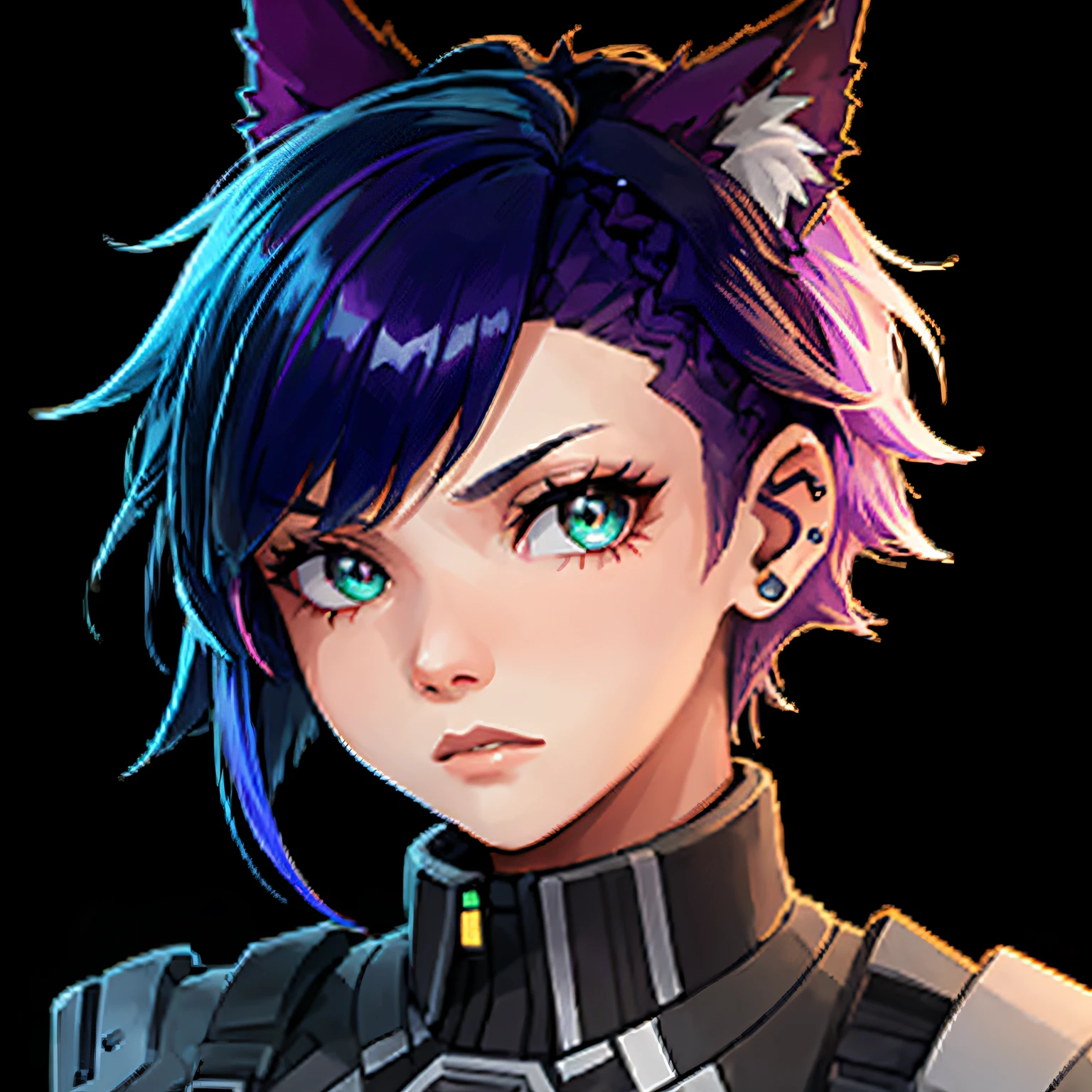 starsector, girl, ((undercut)), asymmetrical bangs, asymmetrical hair, Multicolored Hair, gradient hair, fox ears, green eyes, bust, ((blue hair ((purple hair)))), very short hair, ((portrait)), (purple fox ears), not amused, dark space background, tactical clothes, body armor, plate carrier, Masterpiece, Best Quality, High Definition, black background. shaved sides,
