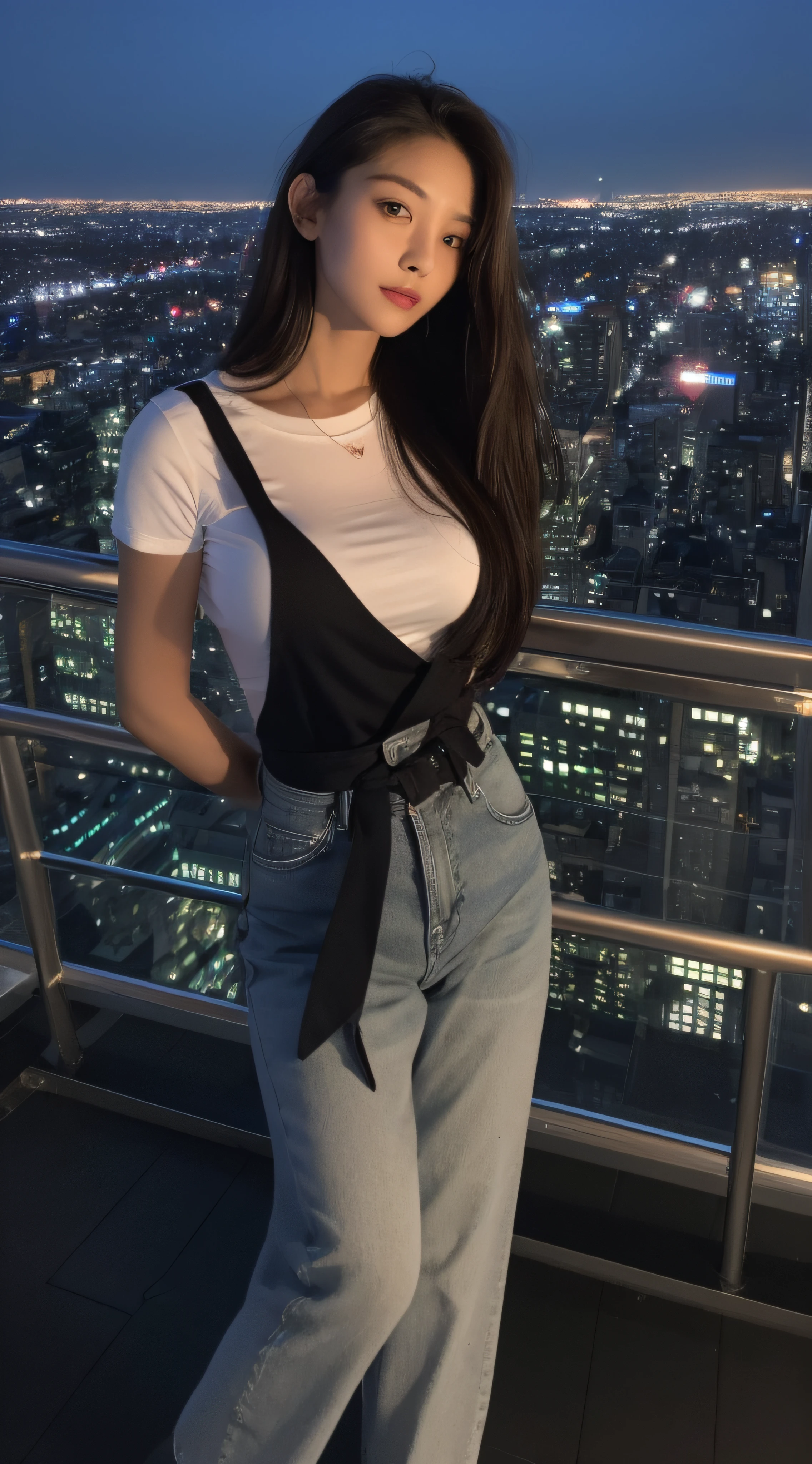 ((Midnight, Best quality, 8k, Masterpiece :1.3)), Whole body, Long legs, Sharp focus :1.2, A pretty woman with perfect figure :1.4, Slender abs :1.1, ((Dark brown hair, Big breasts :1.2)), (White tight tshirt, Jean bib, Standing:1.2), ((Night city view, Rooftop:1.3)), Highly detailed face and skin texture, Detailed eyes, Double eyelid
