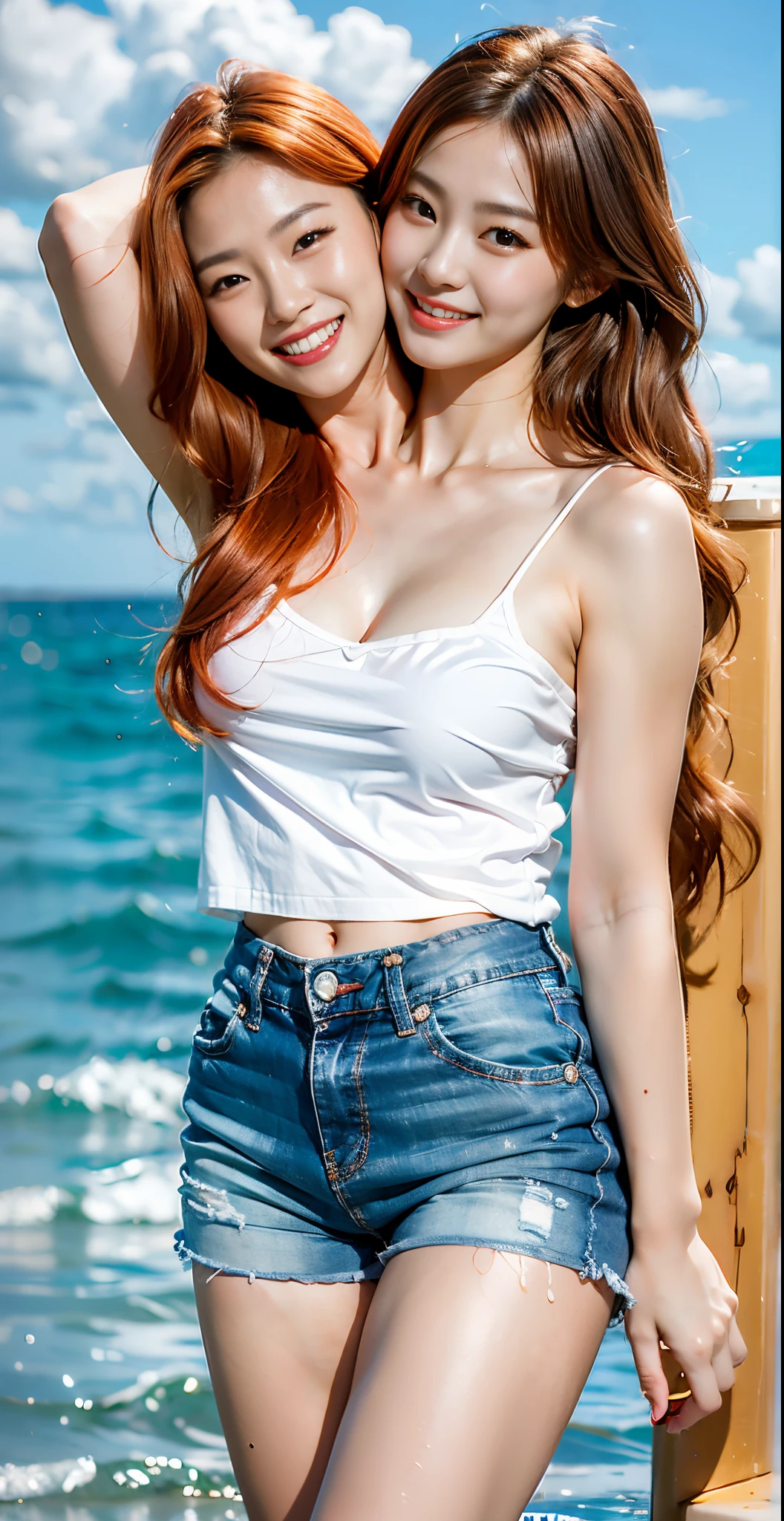 best resolution, korean woman with two heads, smiling, different colored hair, ginger hair, dark brown hair, holding hands, white top, blue denim shorts, ocean background