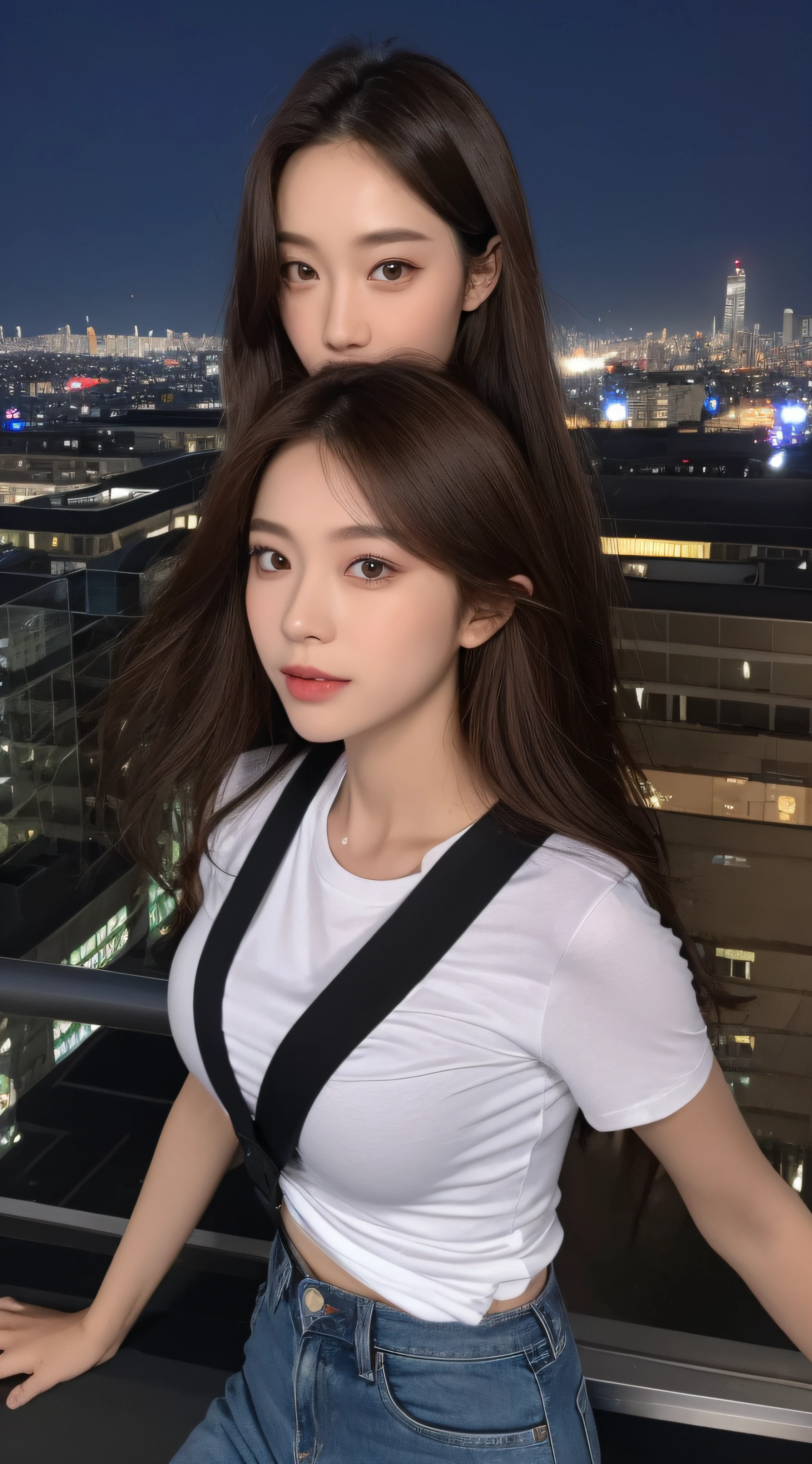 ((Midnight, Best quality, 8k, Masterpiece :1.3)), Whole body, Long legs, Sharp focus :1.2, A pretty woman with perfect figure :1.4, Slender abs :1.1, ((Dark brown hair, Big breasts :1.2)), (White tight tshirt, Jean bib, Standing:1.2), ((Night city view, Rooftop:1.3)), Highly detailed face and skin texture, Detailed eyes, Double eyelid