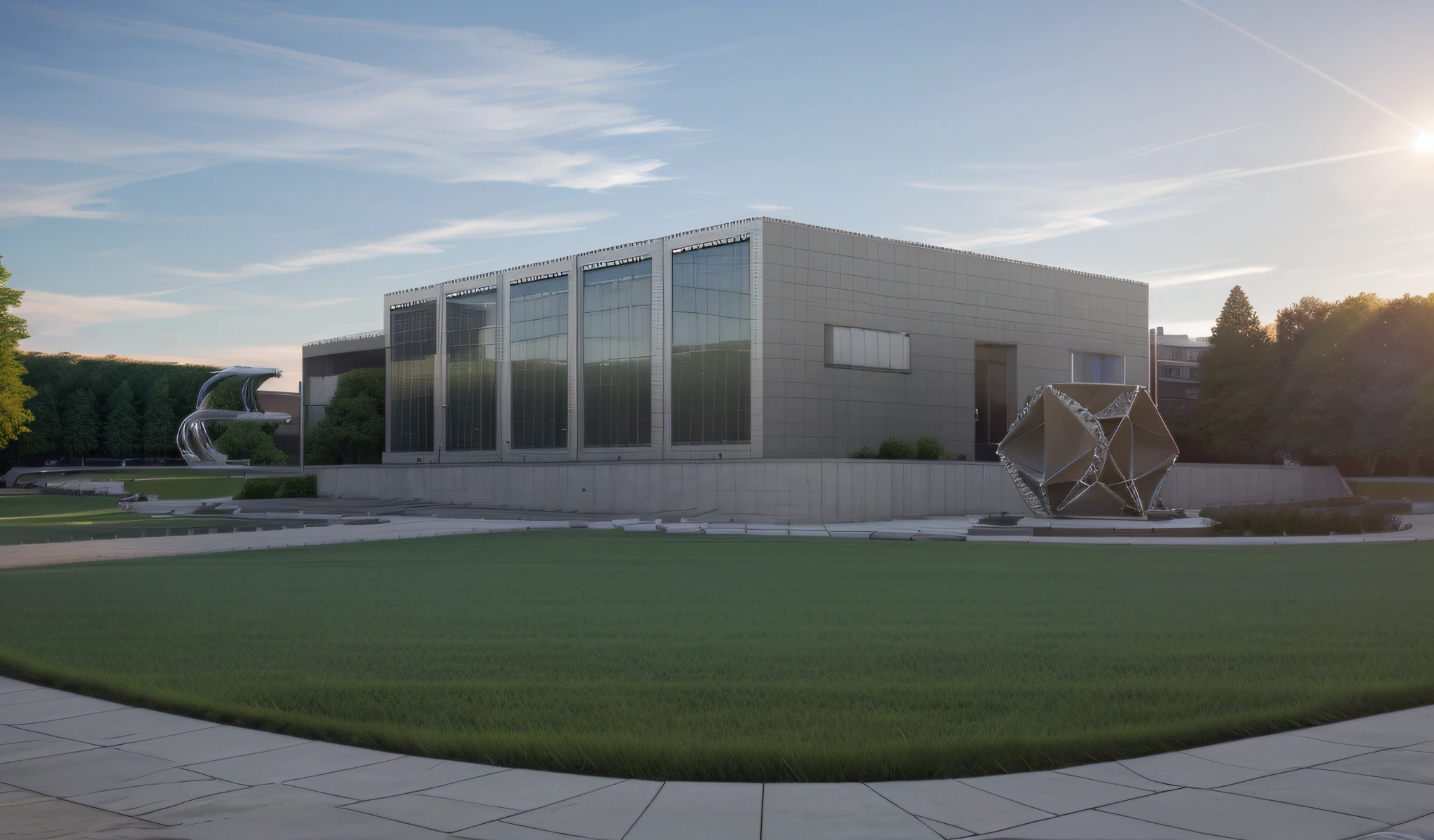 a rendering of a plaza in front of one office building,
stone pathway to building and from right to left,
one steel sculpture on the left and one steel sculpture on the right,
hilly grass between building and plaza,
((nice grass lawn)),
beautiful sky,
daylight, bright daylight,
two-point perspective, human perspective,
realistic, masterpiece, ultra-detailed, 4K, photographic rendering, commercial
rendering,
ControlNet Example