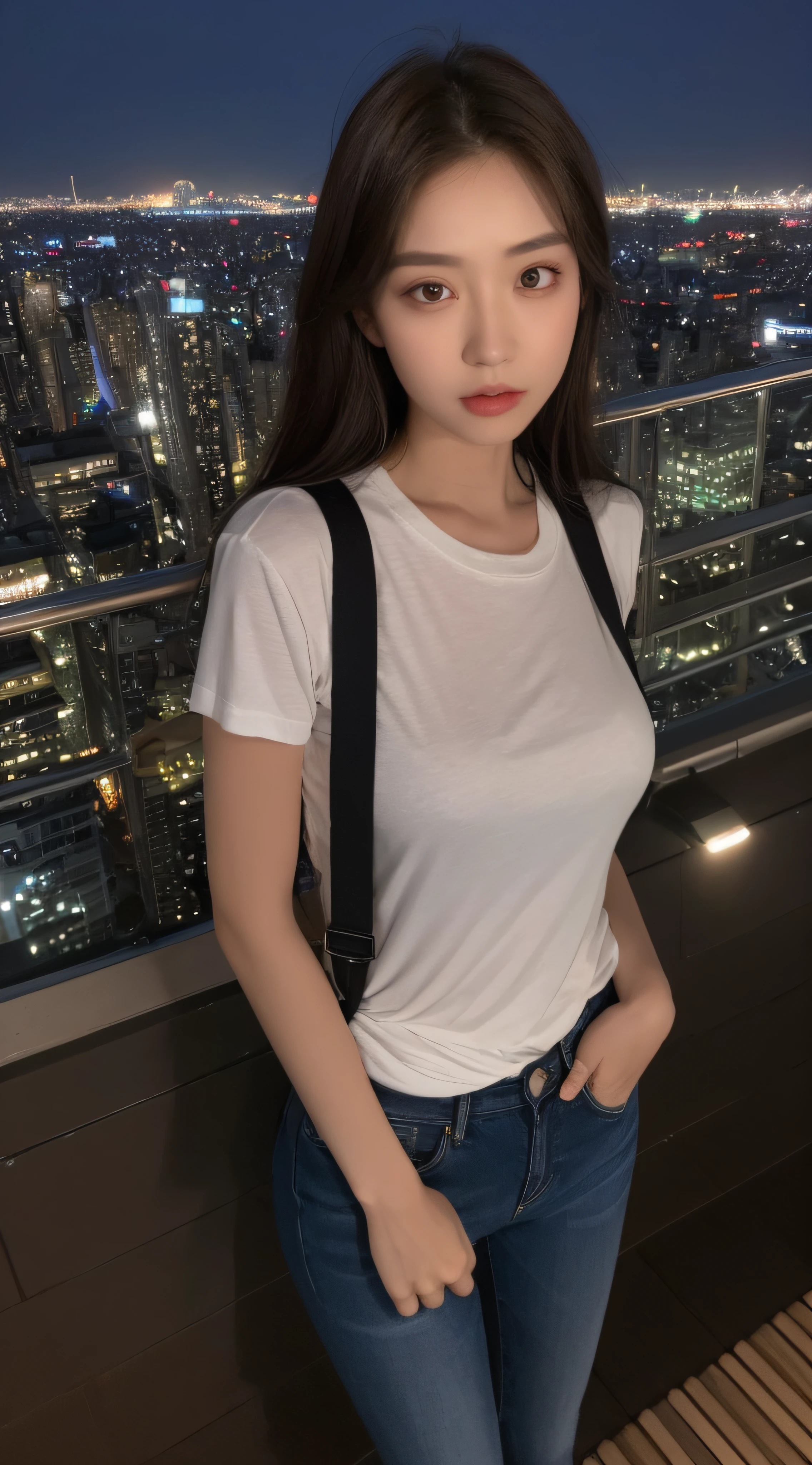 ((Midnight, Best quality, 8k, Masterpiece :1.3)), Whole body, Long legs, Sharp focus :1.2, A pretty woman with perfect figure :1.4, Slender abs :1.1, ((Dark brown hair, Big breasts :1.2)), (White tight tshirt, Jean bib, Standing:1.2), ((Night city view, Rooftop:1.3)), Highly detailed face and skin texture, Detailed eyes, Double eyelid