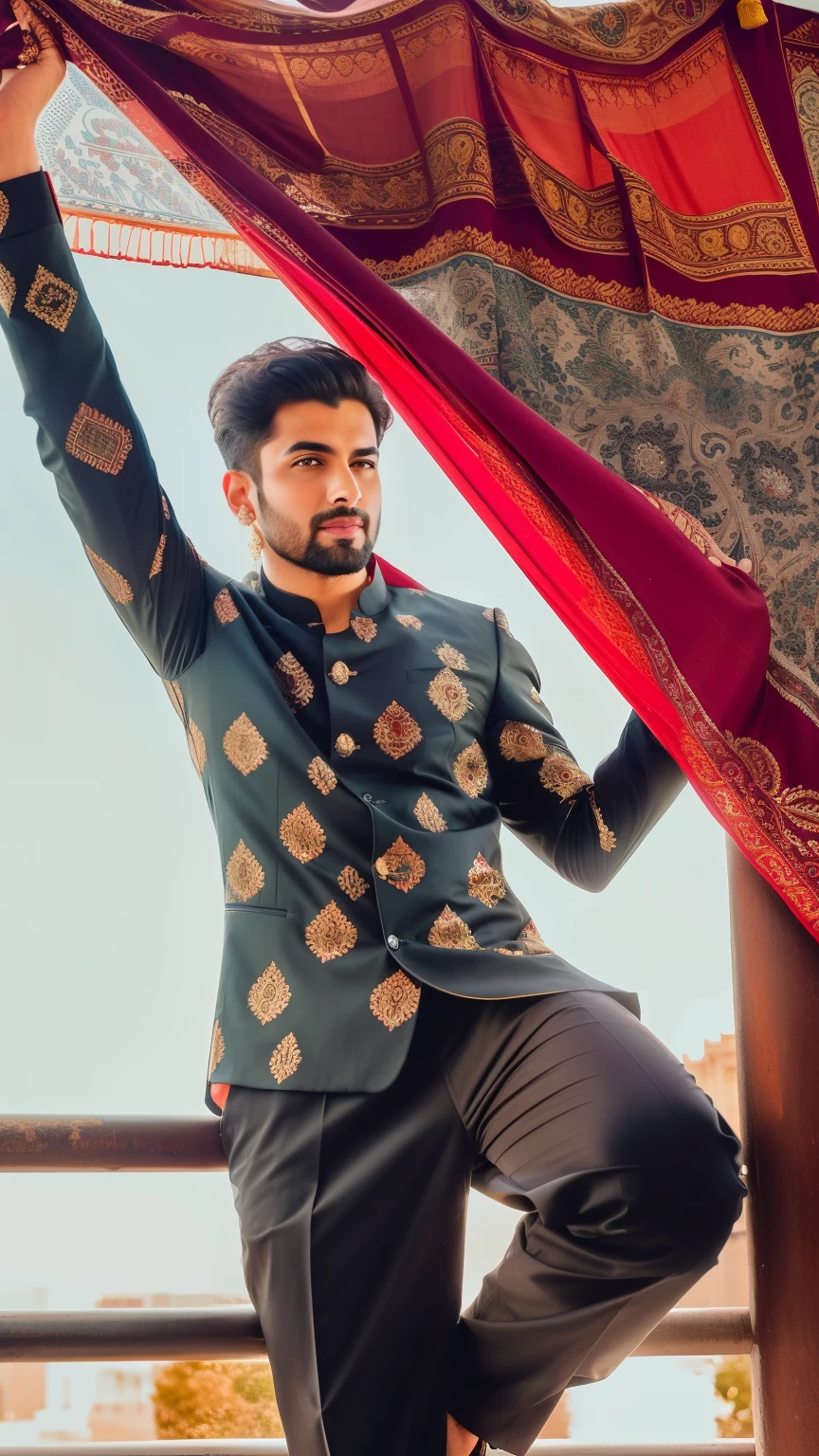 araffe man standing on a rail holding a red curtain, stylish pose, music video, wearing a kurta, doing an elegant pose, with a cool pose, photoshoot, very artistic pose, doing a hot majestic pose, youtube video screenshot, attractive and good looking, photo shoot, doing a majestic pose, dressed in a jodhpuri suit, photo from a promo shoot
