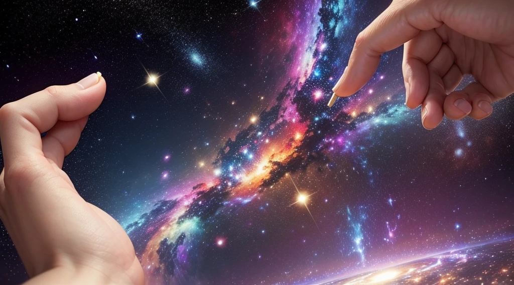 A colorful galaxy in a hand.   The background is colorful space.