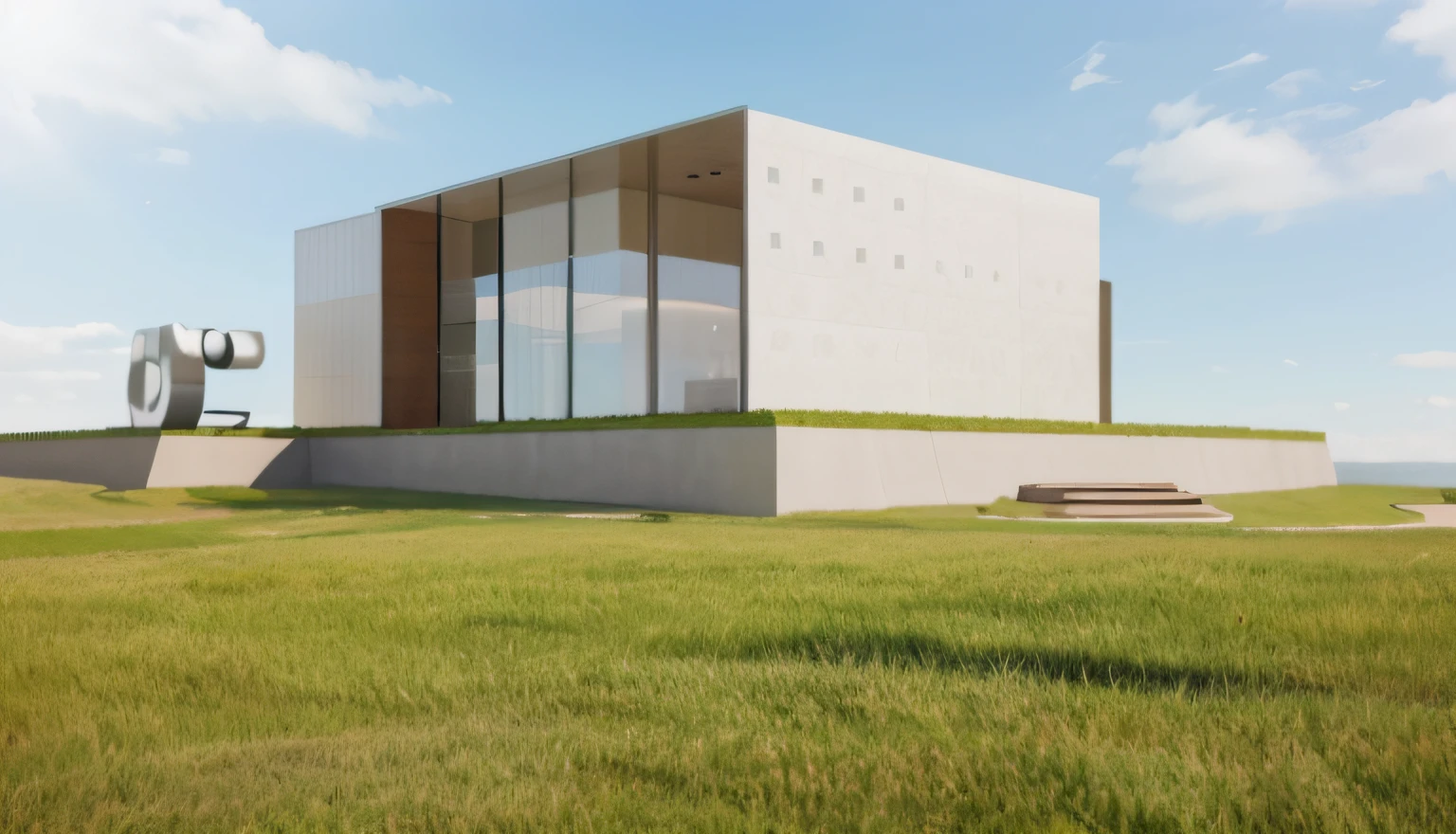 A rendering of a plaza in front of one office building, stone pathway to building and from right to left, one steel sculpture on the left and one steel sculpture on the right, hilly grass between building and plaza, ((nice grass lawn)), beautiful sky, daylight, bright daylight, two-point perspective, human perspective, realistic, masterpiece, ultra-detailed, 4k, photographic rendering, commercial