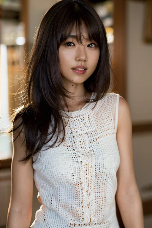 (8k, RAW photo, best quality, masterpiece:1.2), (realistic, photo-realistic:1.37), ultra-detailed, ultra high res,1 girl,looking at viewer,beautiful detailed face,smile,narrow,(slim waist:1.3),shirt, beautiful detailed skin, skin texture, floating hair,professional lighting, naked