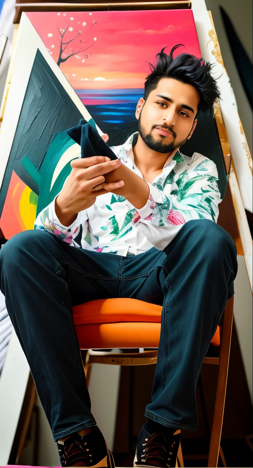 there is a man sitting on a chair holding a painting, very very low quality picture, kyza saleem, very artistic pose, khyzyl saleem, high quality upload, candid picture, full body photogenic shot, ash thorp khyzyl saleem, high quality picture, full body picture, new song, with a cool pose, edited in photoshop