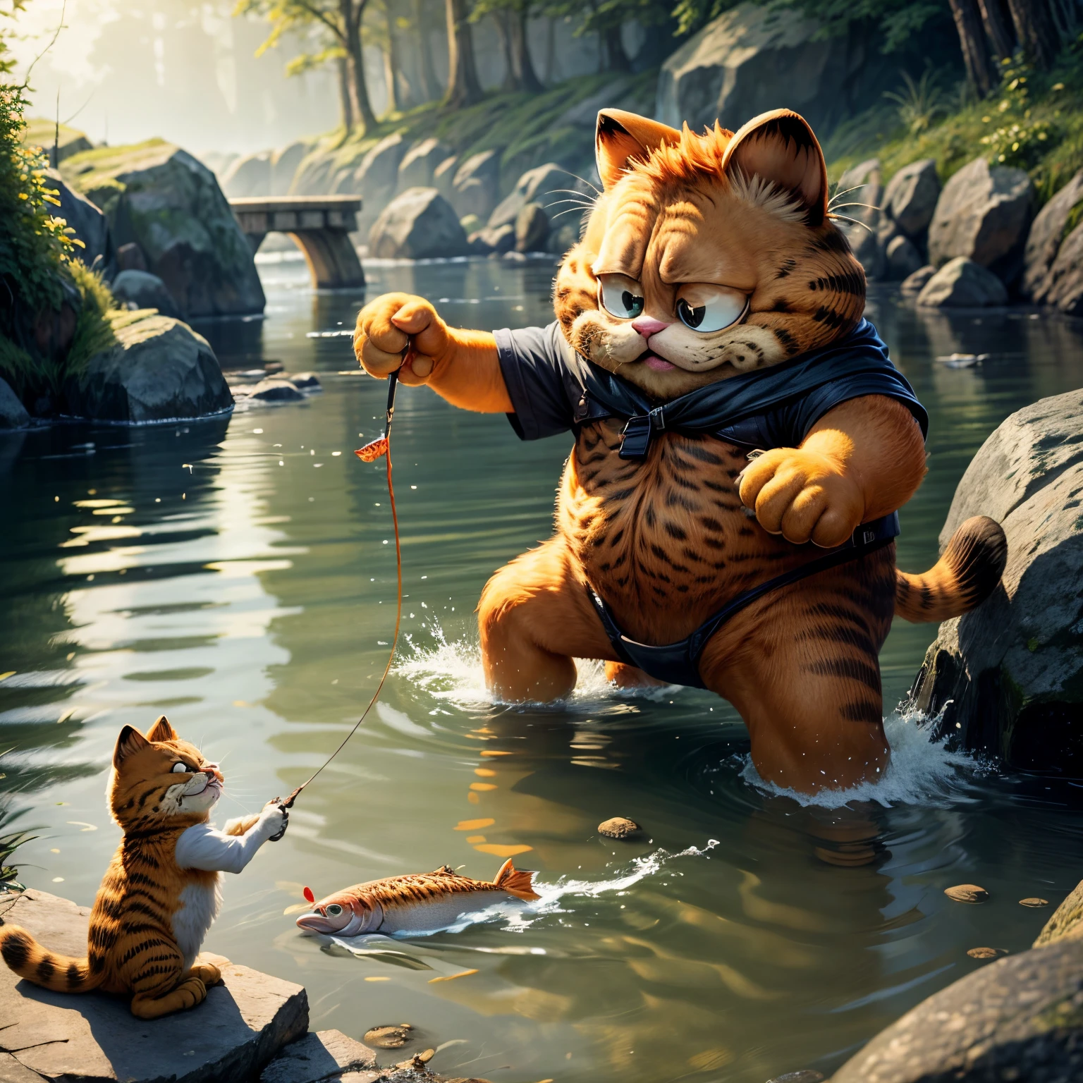 tmasterpiece， Best quality， （Very detailed CG unified 8k wallpaper）， （Best quality）， （Best Best Illustration），Garfield cat catches fish in the river