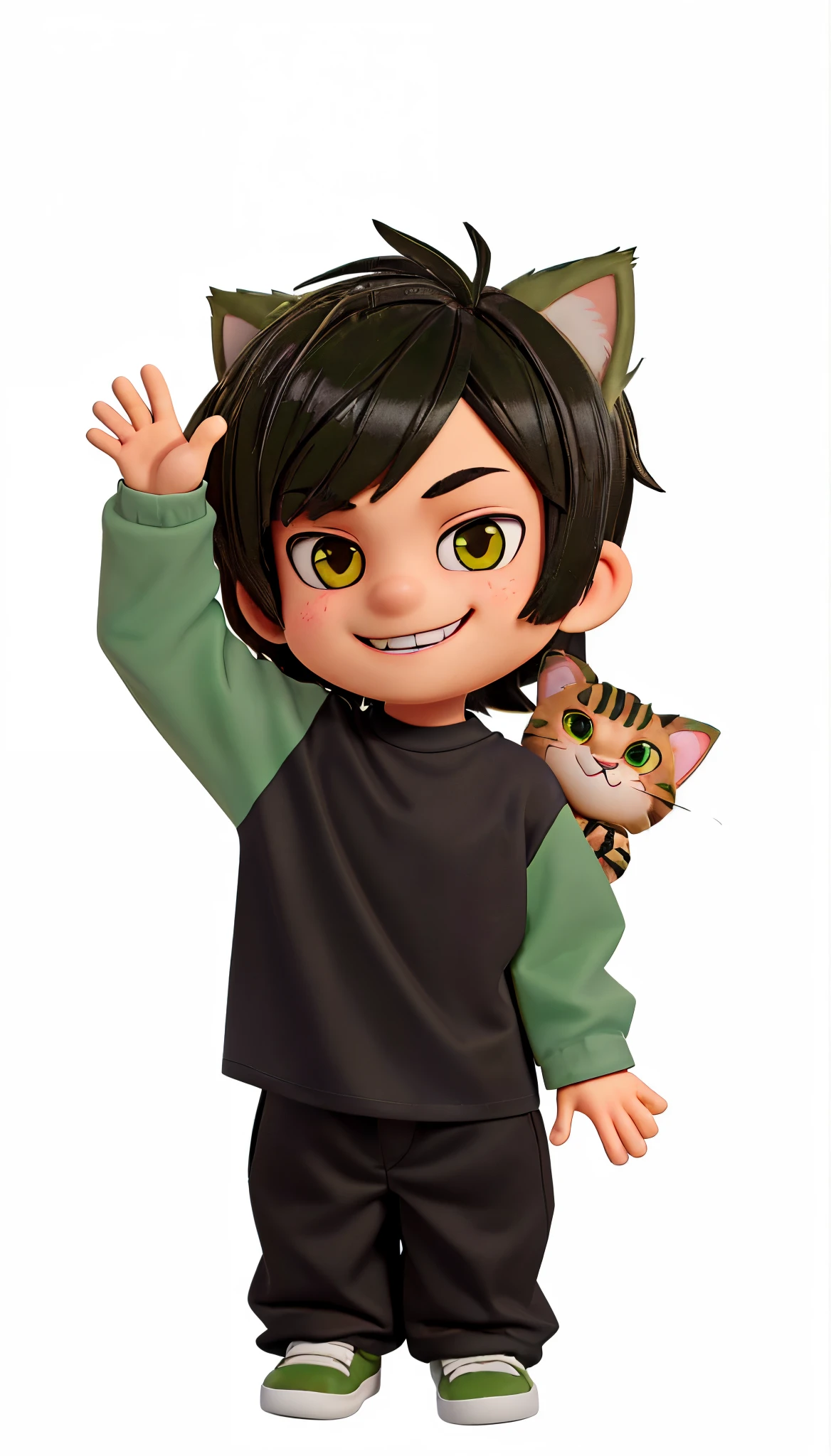 cute age boy with brown emo hairstyle, smiling, Camouflage Green cat ears, black shirt, Camouflage Green long sleeves, black pants, Camouflage Green shoes, waving hand, cat on shoulder, very detailed