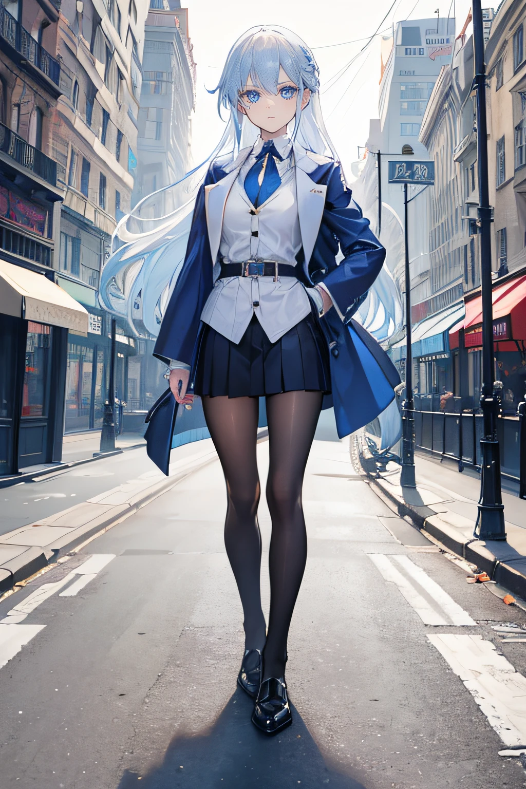 girl doctor,Carry a pistol,1920s,Standing on the street in London, England,white color hair,blue color eyes。Long hair is gentle,the detail