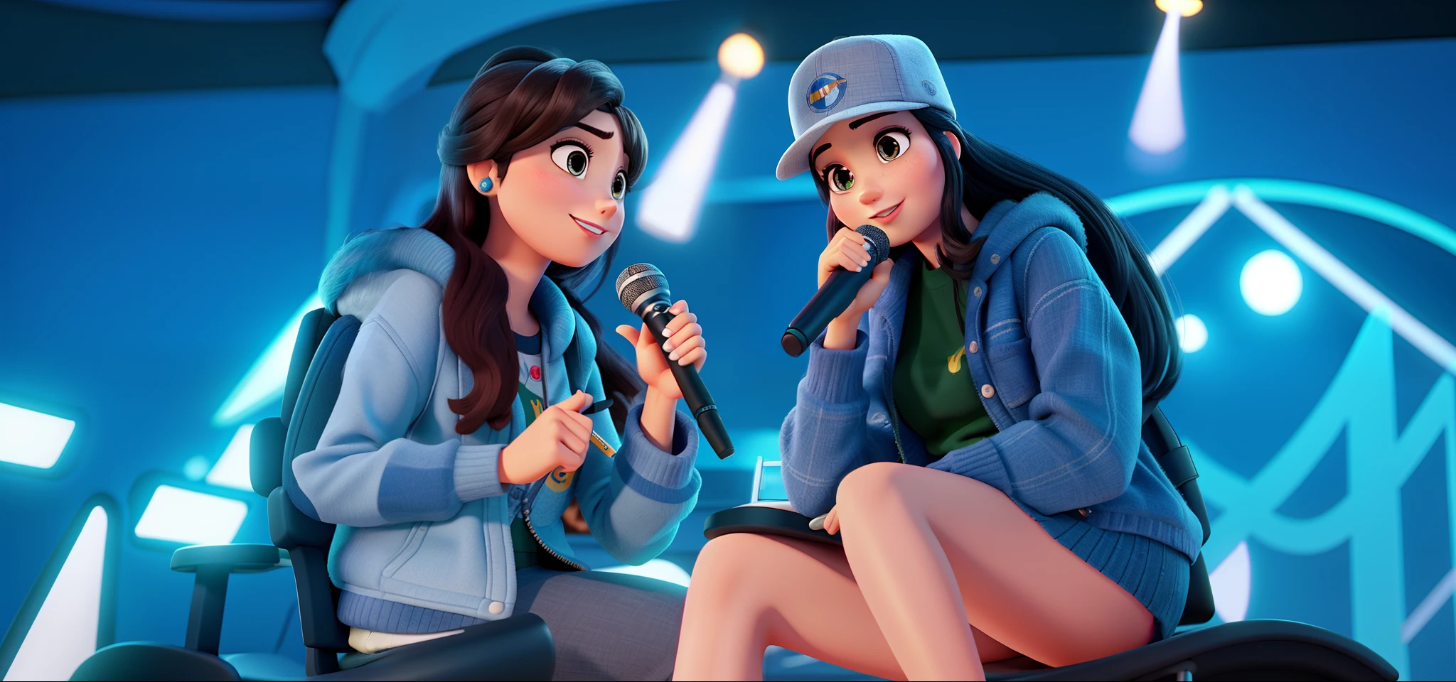 women with microphone in hand in disney pixar style,alta qualidade, melhor qualidade